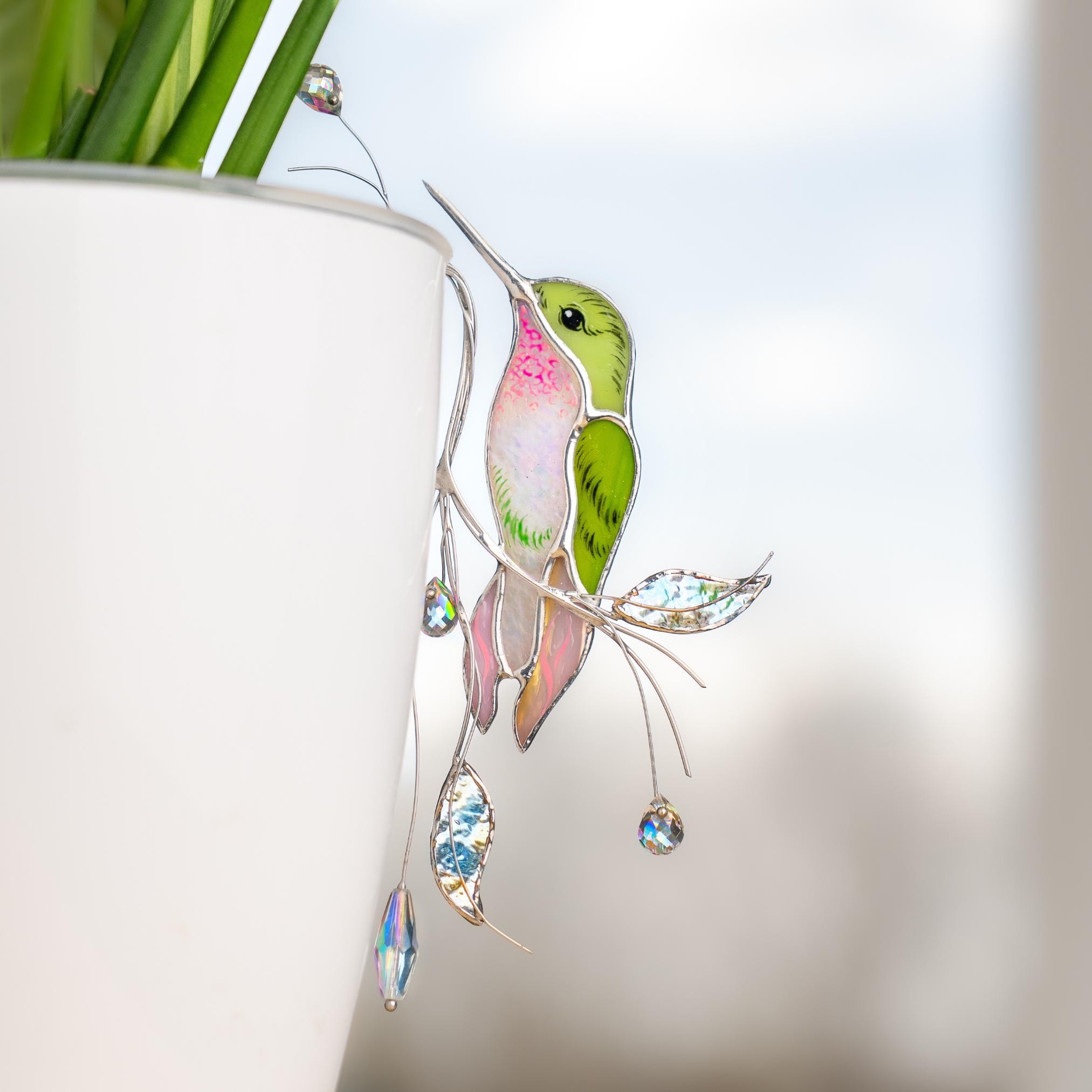 Décoration pour pot de fleurs en vitrail colibri, pouvant être utilisée comme décoration de jardin
