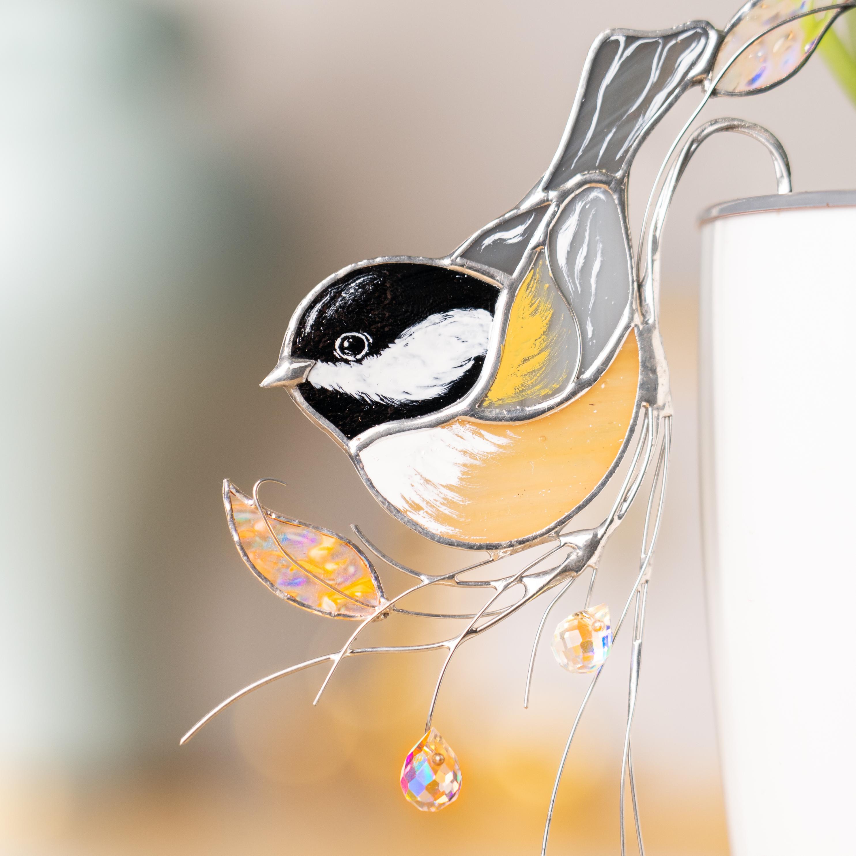 Décoration de support pour pot de plante en verre teinté avec motif de mésange