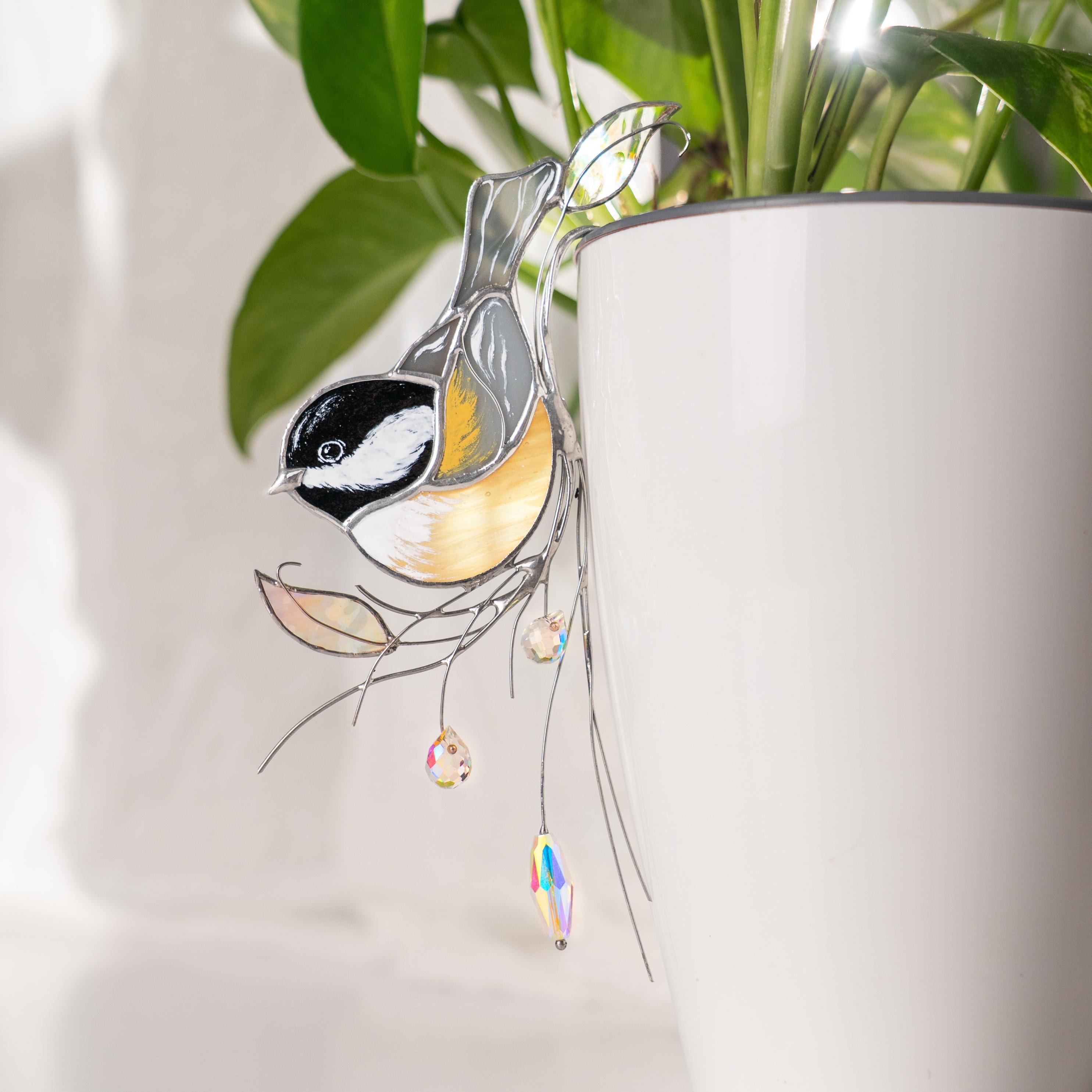 Décoration de support pour pot de plante en verre teinté avec motif de mésange