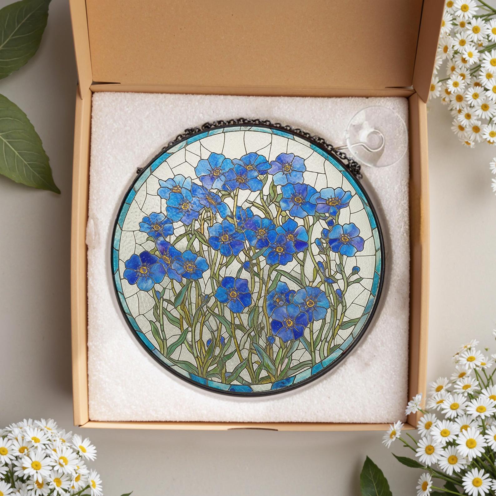 Attrape Lumiere En Verre A Motif Floral Bleu, Cadeau Pour Toutes Occasions