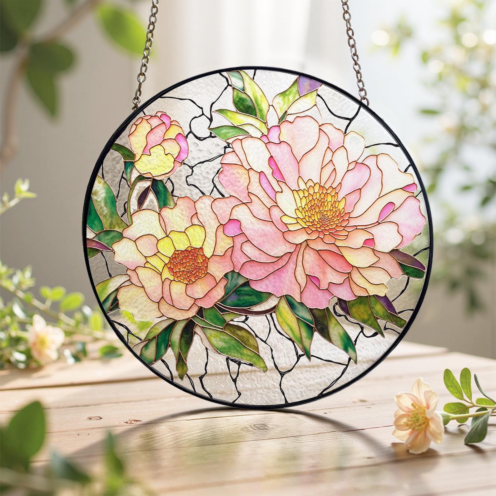 Attrape Soleil en Verre a Motif de Pivoine, Cadeau pour Grand Mere Amateur de Jardinage