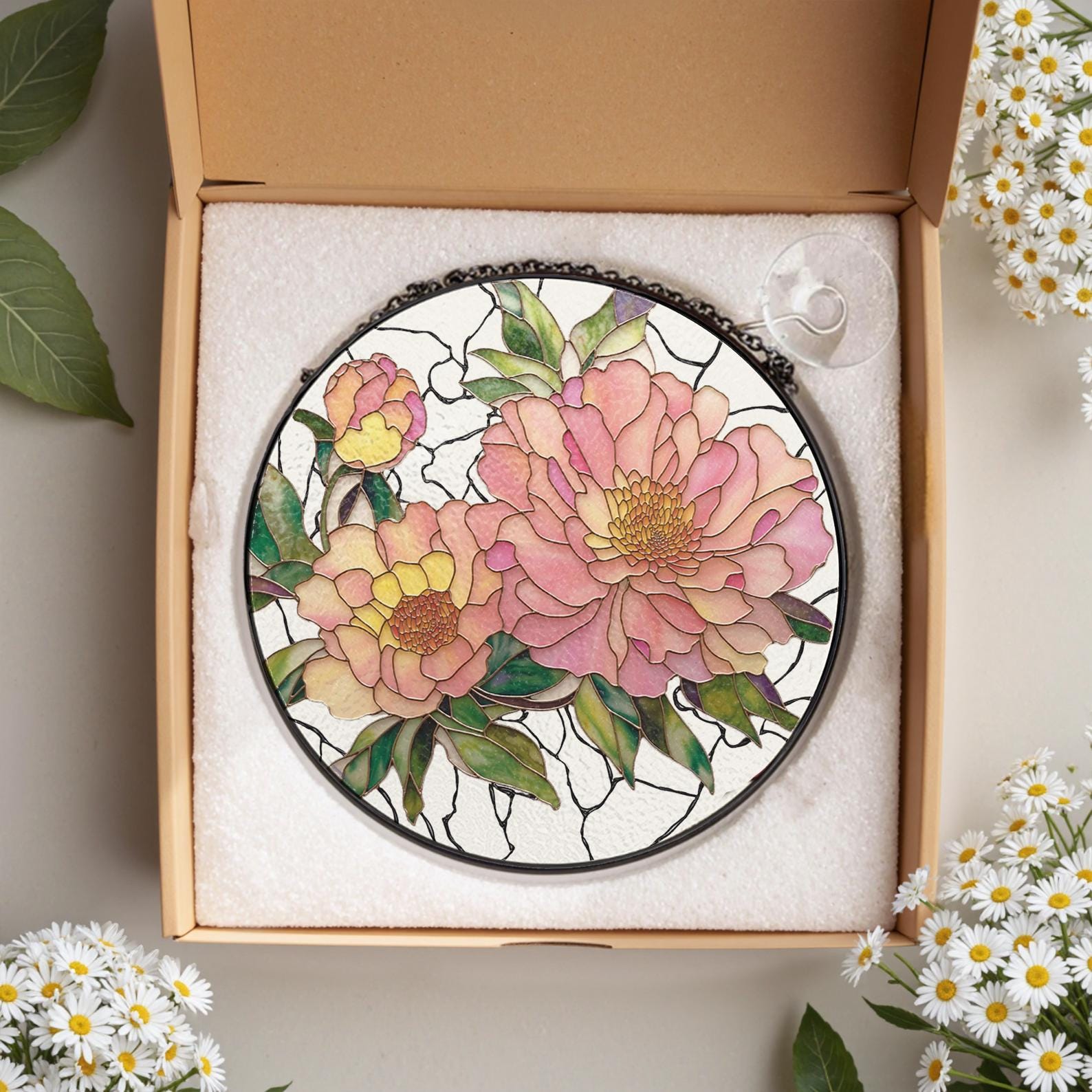 Attrape Soleil en Verre a Motif de Pivoine, Cadeau pour Grand Mere Amateur de Jardinage