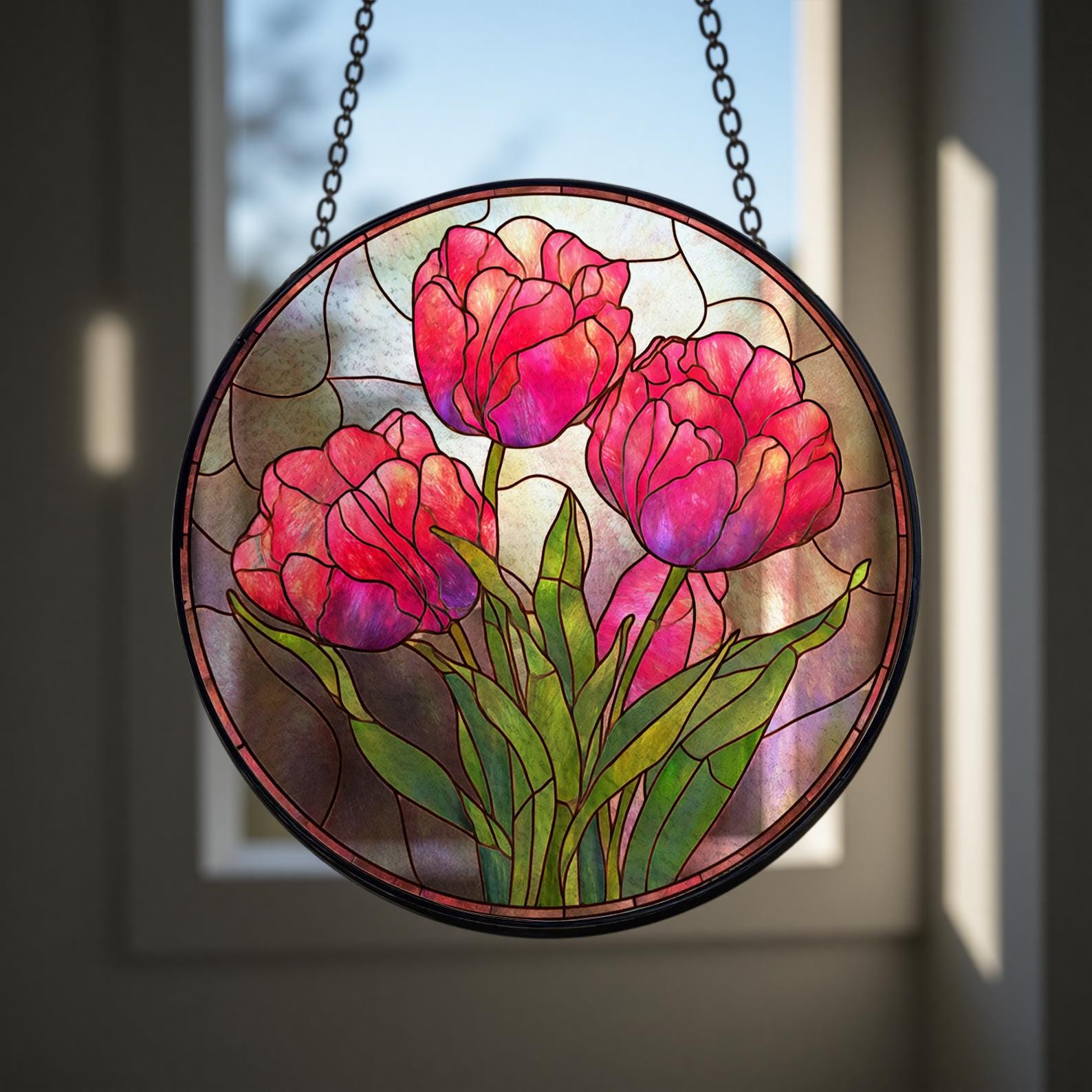 Attrape-soleil suspendu en vitrail représentant des tulipes, cadeau de réconfort pour un enseignant