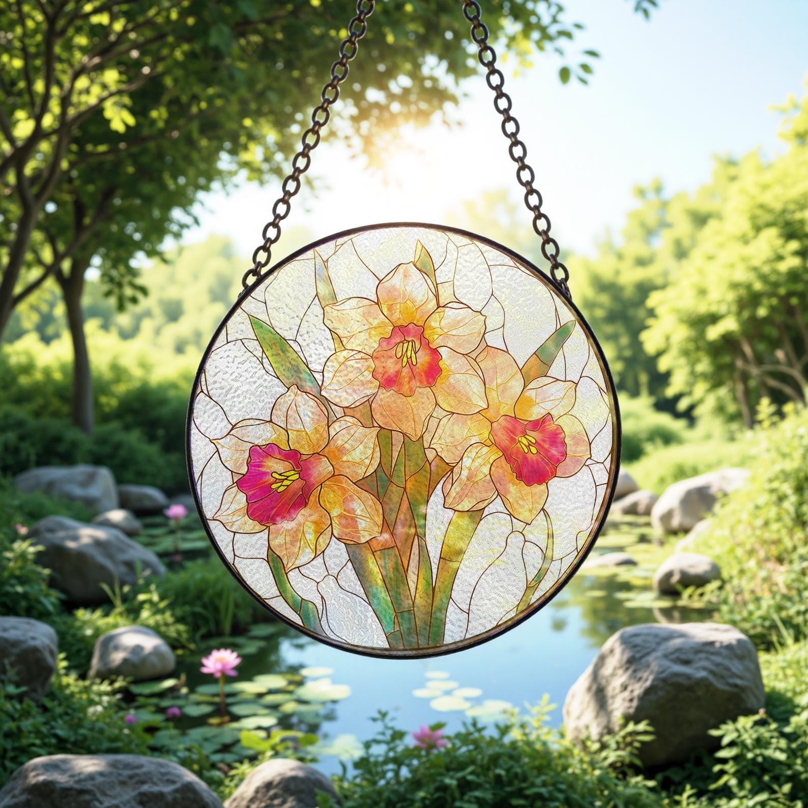Attrape Lumiere en Verre Decore de Motifs de Jonquille, un Cadeau de Decoration Suspendue pour le Jardin pour les Proches