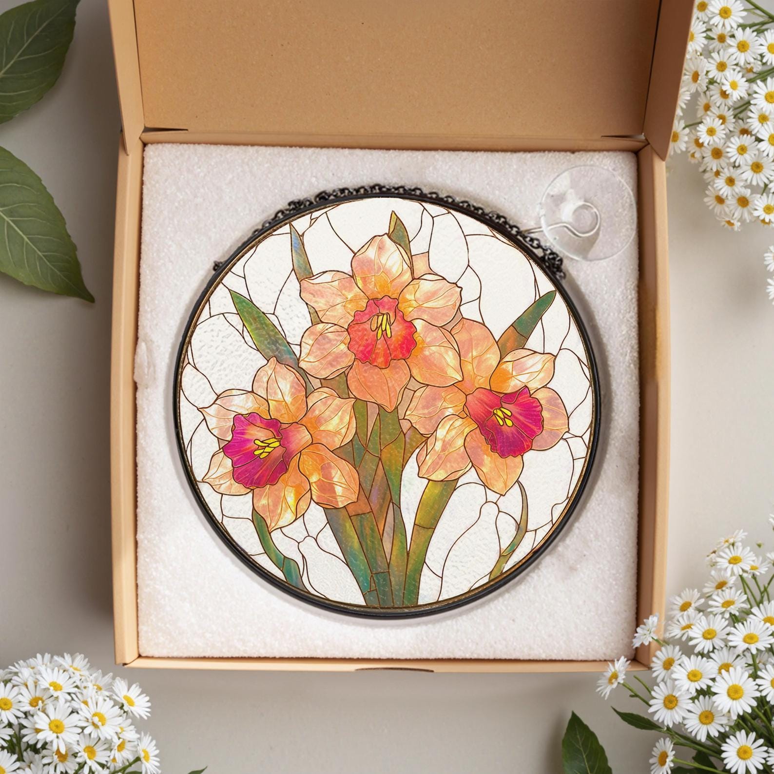 Attrape Lumiere en Verre Decore de Motifs de Jonquille, un Cadeau de Decoration Suspendue pour le Jardin pour les Proches