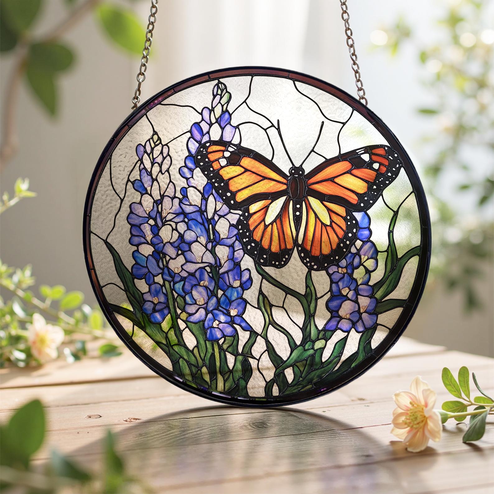 Attrape-soleil en vitrail avec des papillons et des fleurs pressées, cadeau pour les amoureux des fleurs
