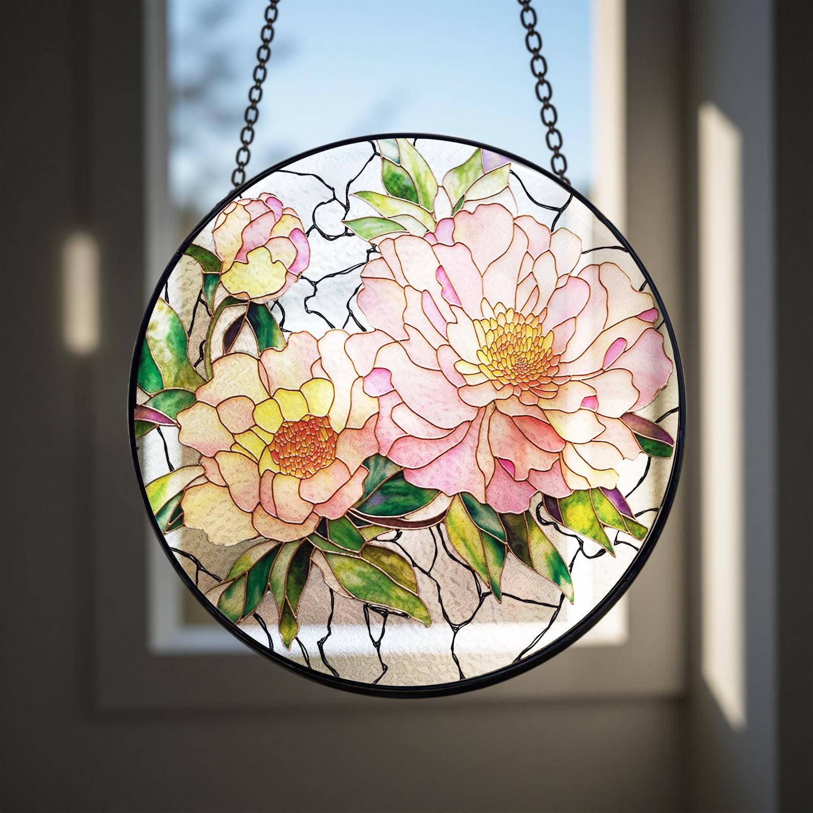 Attrape Soleil en Verre a Motif de Pivoine, Cadeau pour Grand Mere Amateur de Jardinage