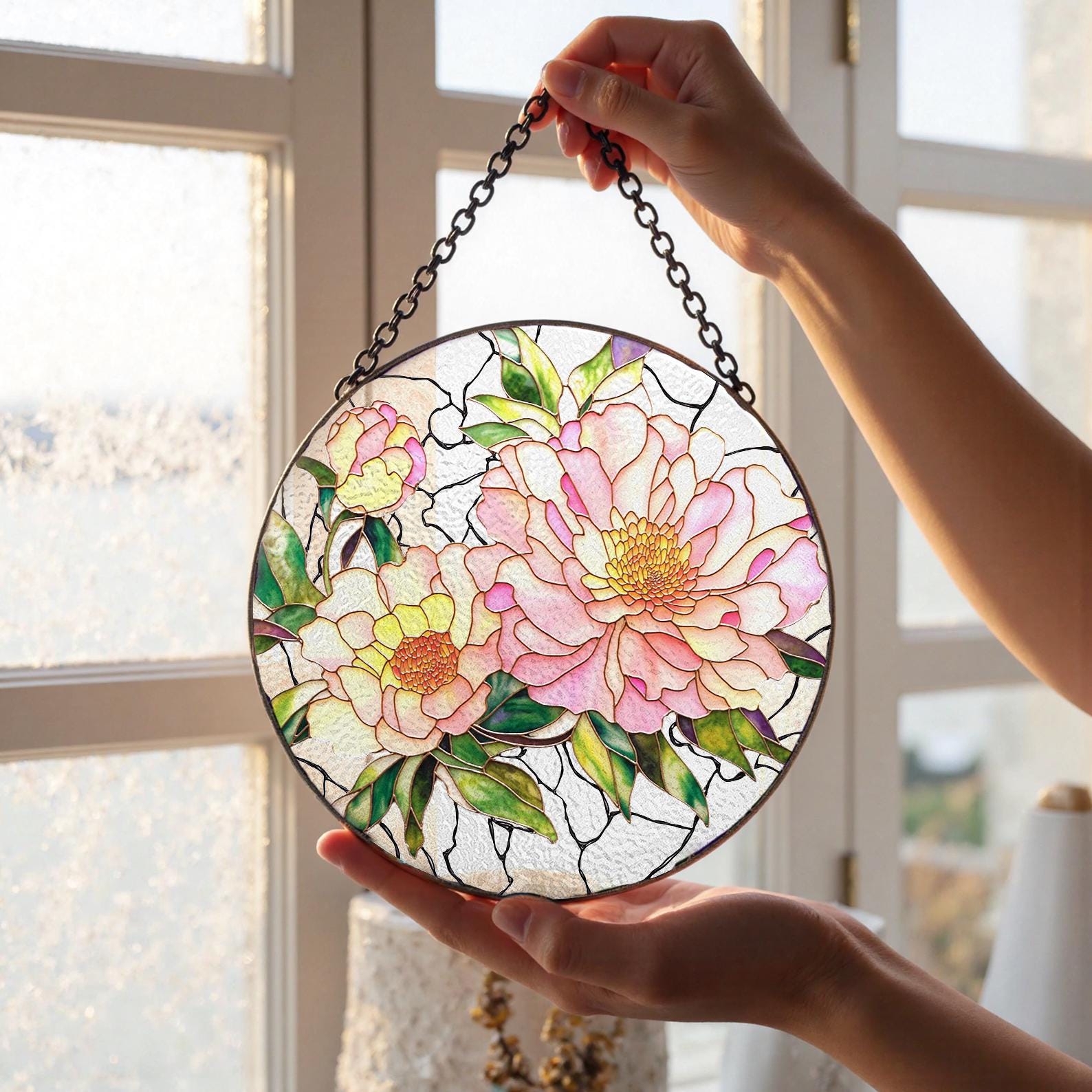 Attrape Soleil en Verre a Motif de Pivoine, Cadeau pour Grand Mere Amateur de Jardinage