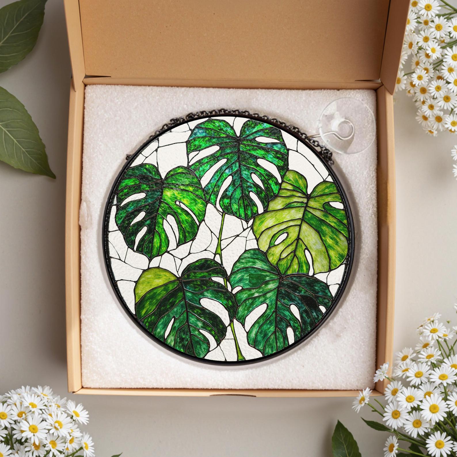 Attrape Lumiere En Verre A Motif De Feuille De Monstera, Cadeau De Jardinage Pour Maman