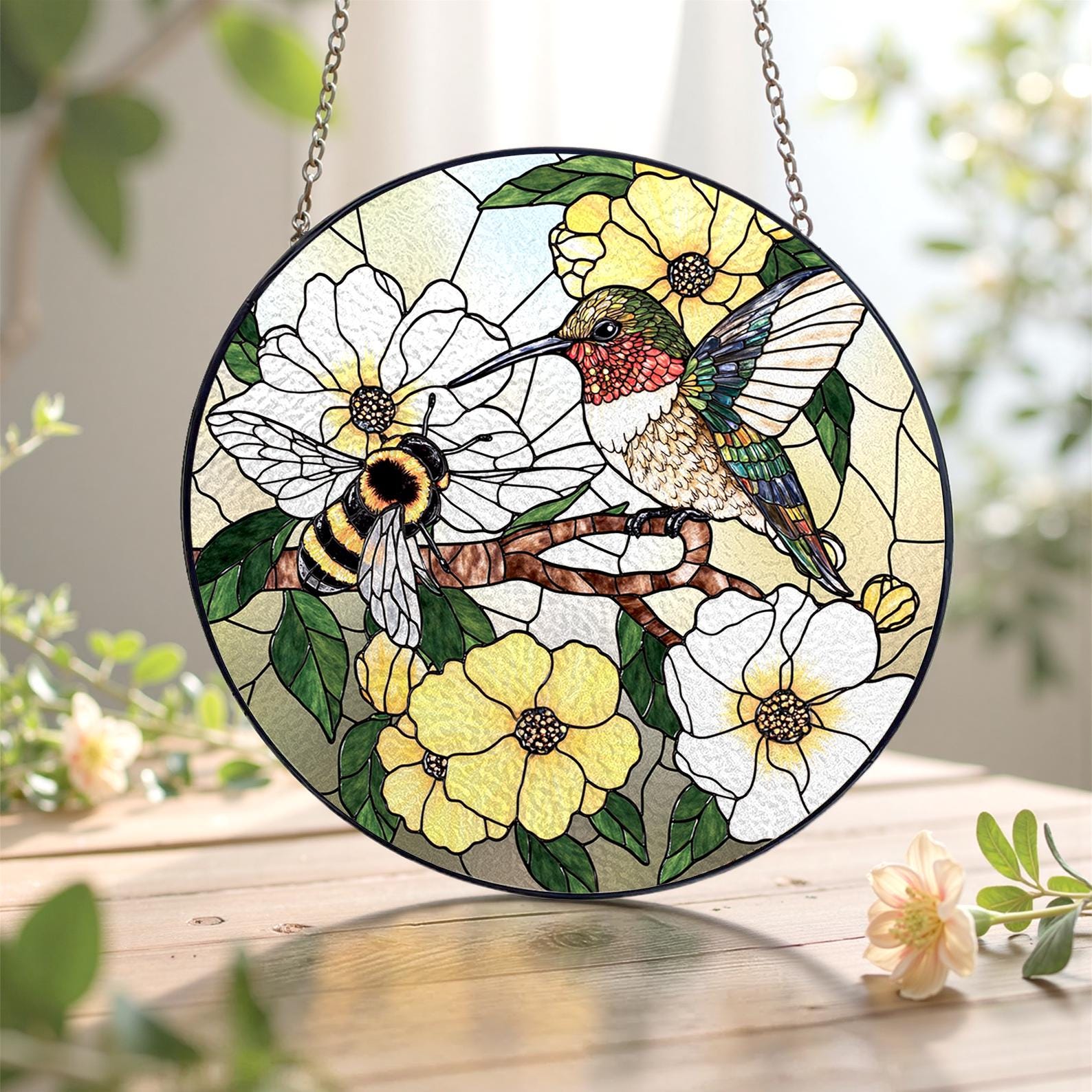 Colibri et abeille, vitrail attrape-soleil décoration d'intérieur, cadeau de sympathie pour la mémoire