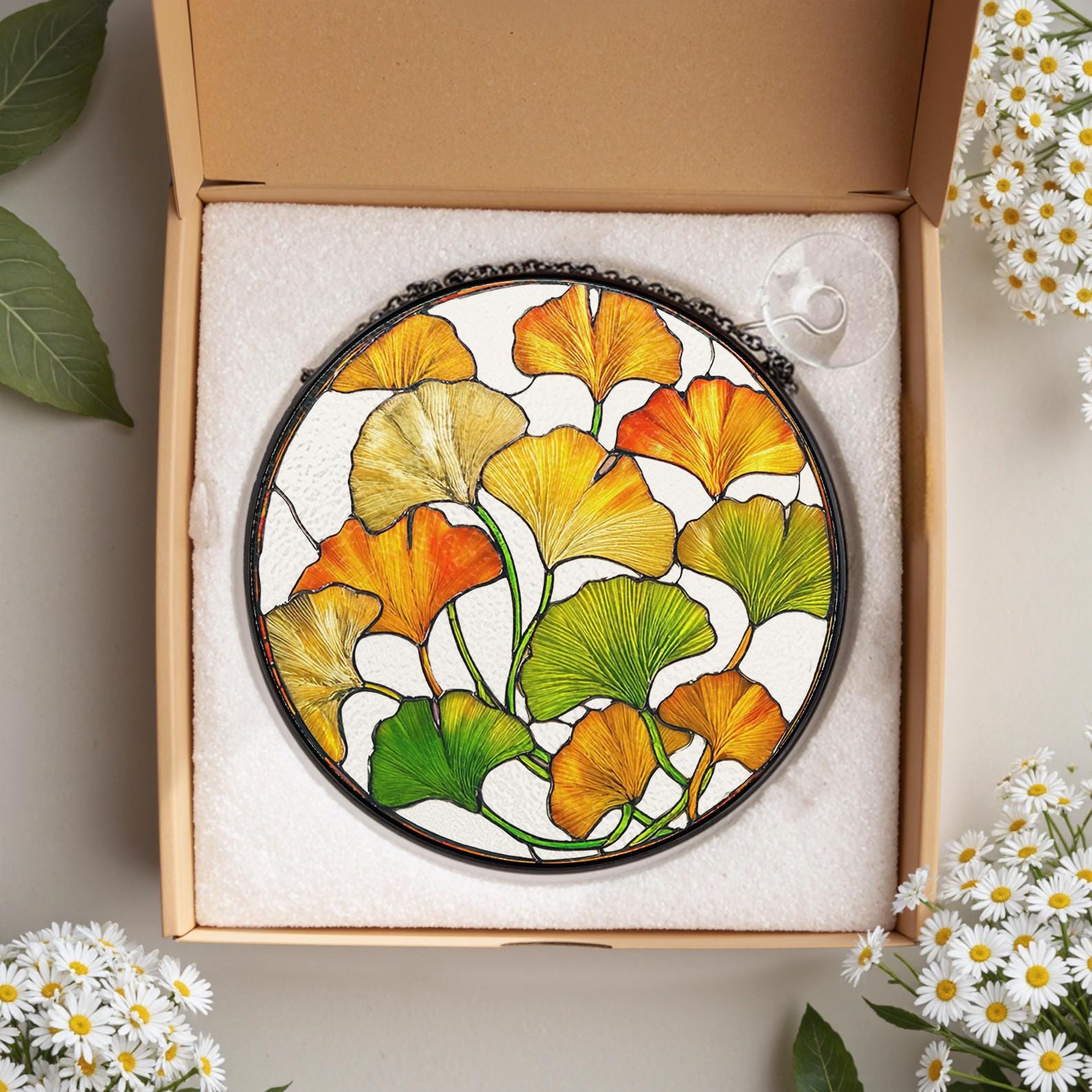 Attrape Lumiere en Verre a Motif de Feuille de Ginkgo, un Cadeau pour les Amoureux des Plantes