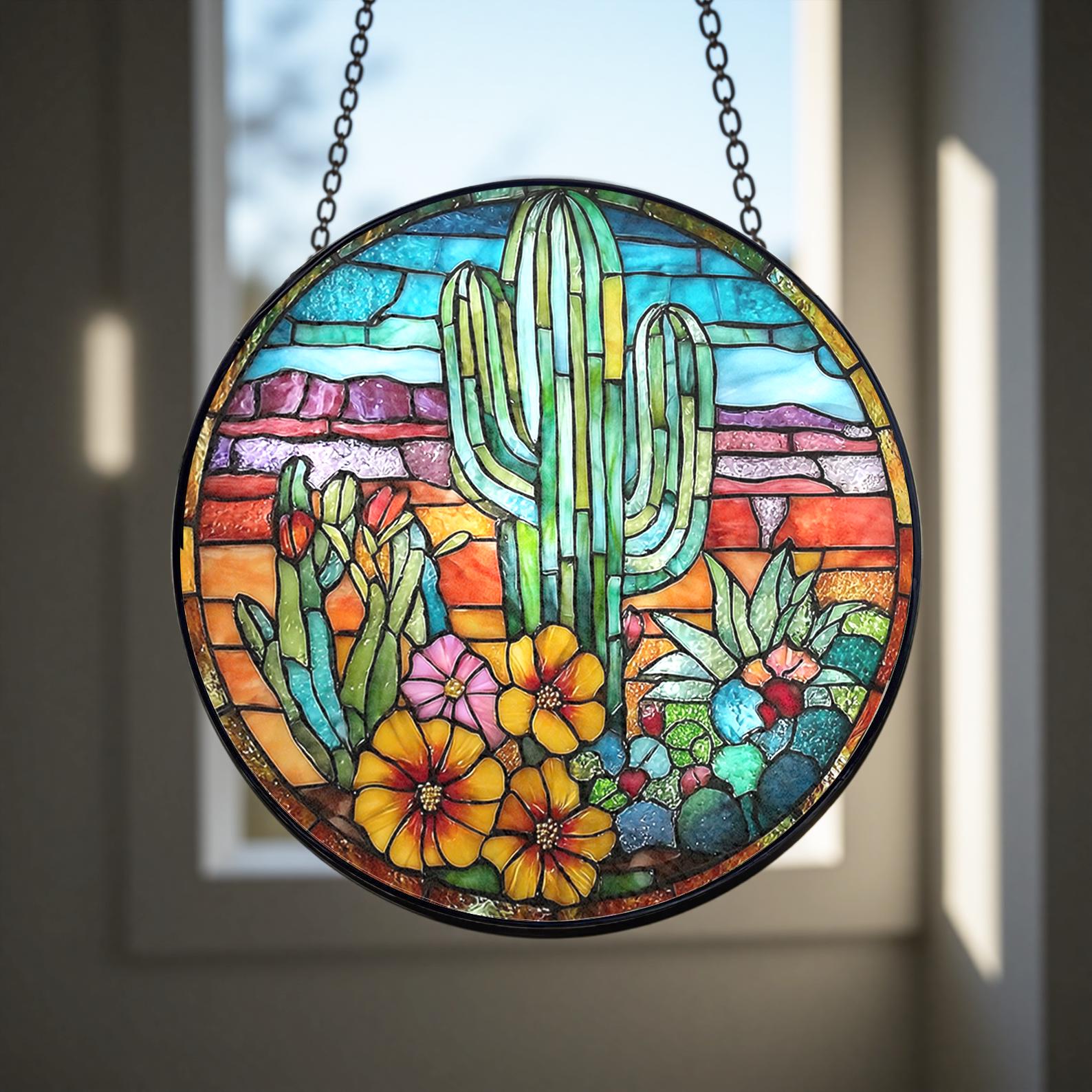 Attrape-soleil en vitrail cactus, cadeau pour les amateurs de plantes et les fans de décoration du sud-ouest