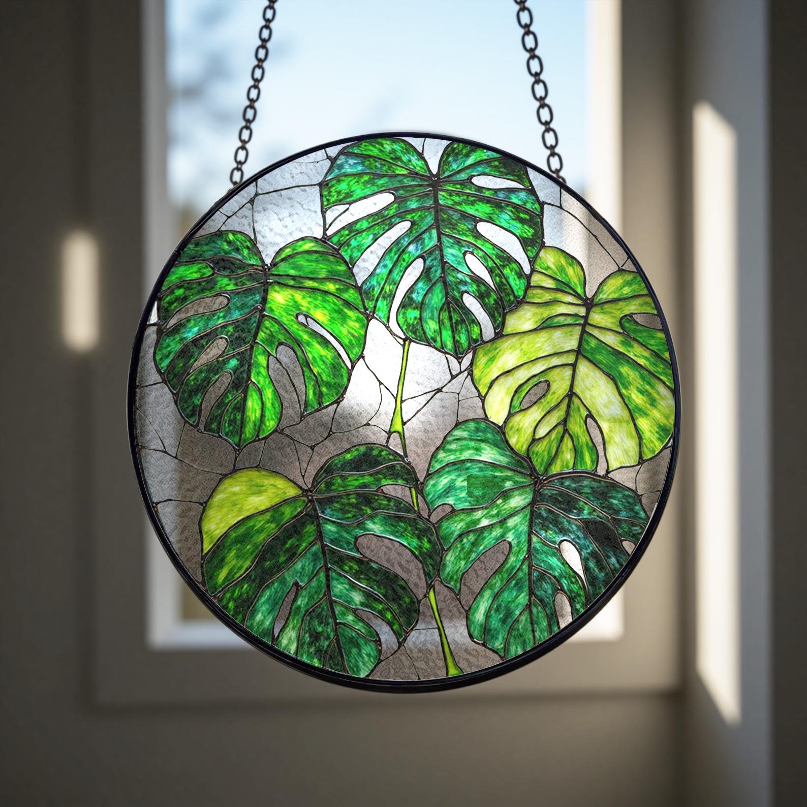Attrape Lumiere En Verre A Motif De Feuille De Monstera, Cadeau De Jardinage Pour Maman