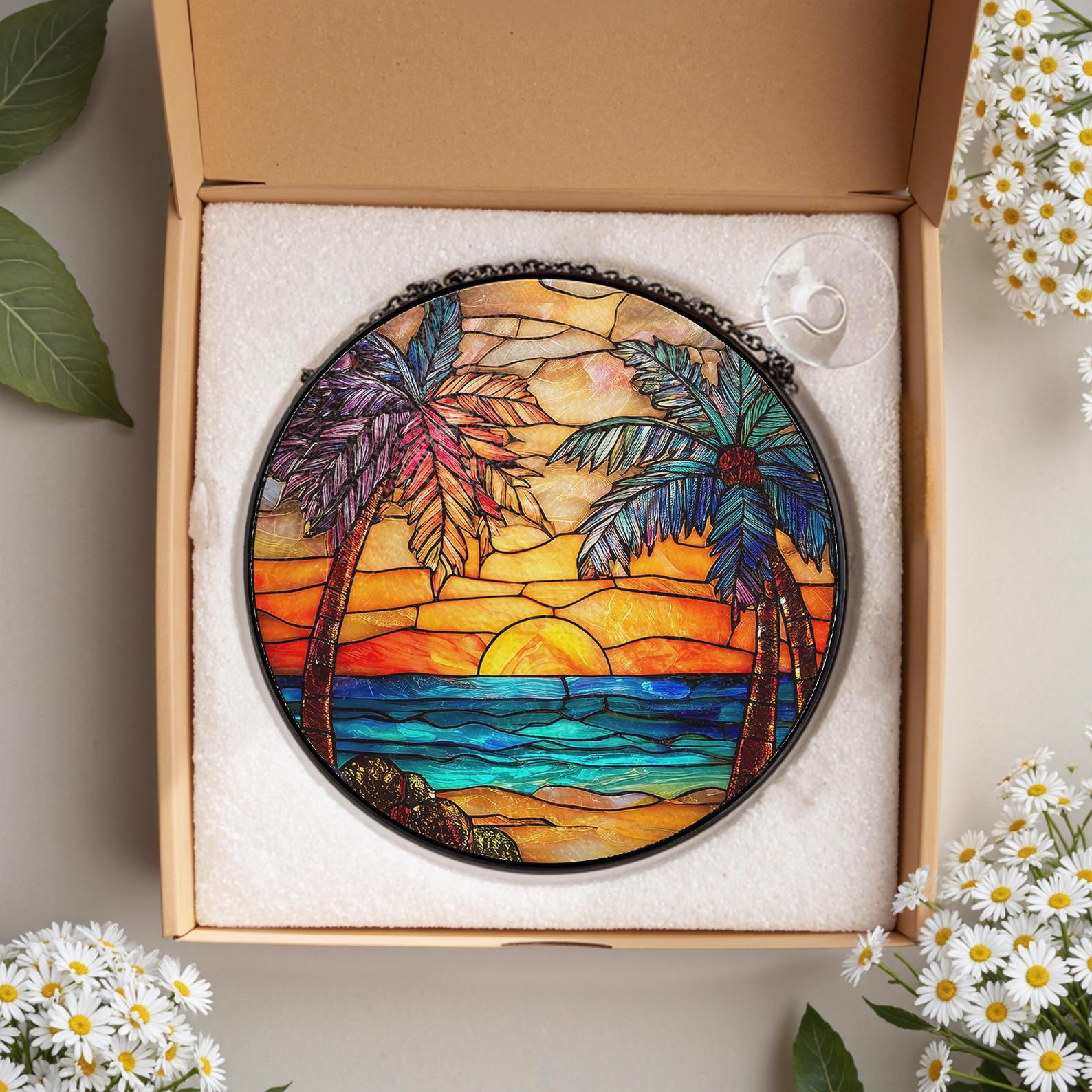 Plage Coucher De Soleil Attrape Lumiere En Vitrail, Cadeau Decoratif Pour Amis Ou Famille