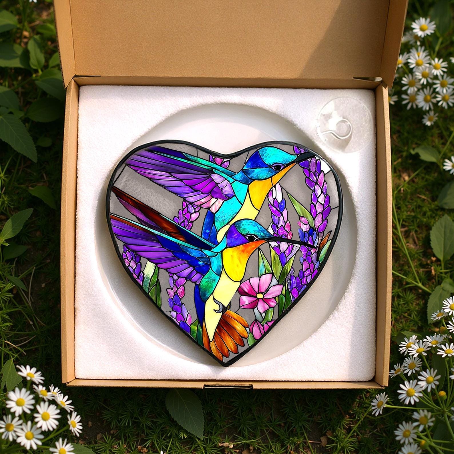Attrape Lumiere en Forme de Coeur Decore de Colibri et Textures de Lavande, Peut Etre Accroche a une Fenetre ou Utilise comme Decoration de Jardin Exterieur