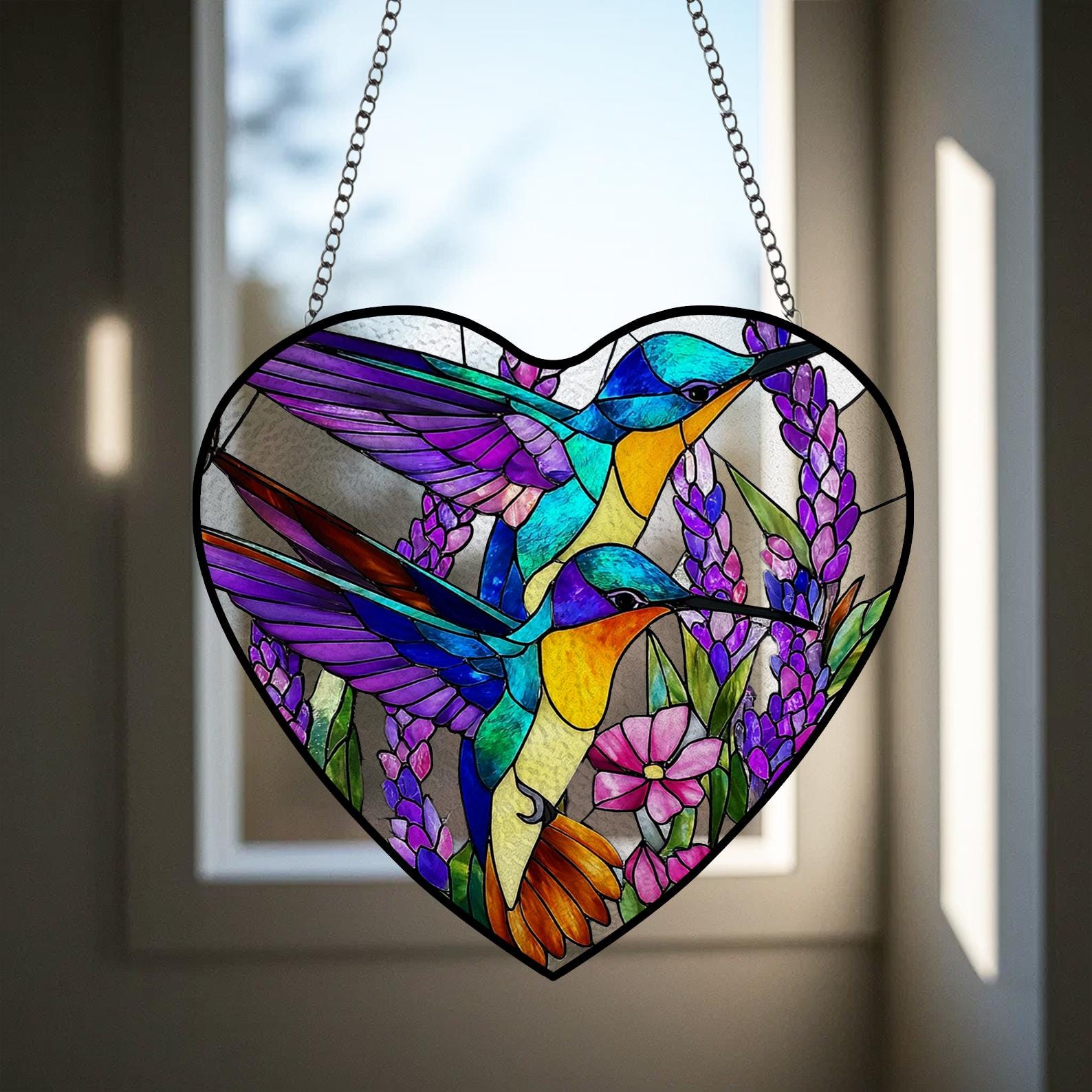 Attrape Lumiere en Forme de Coeur Decore de Colibri et Textures de Lavande, Peut Etre Accroche a une Fenetre ou Utilise comme Decoration de Jardin Exterieur