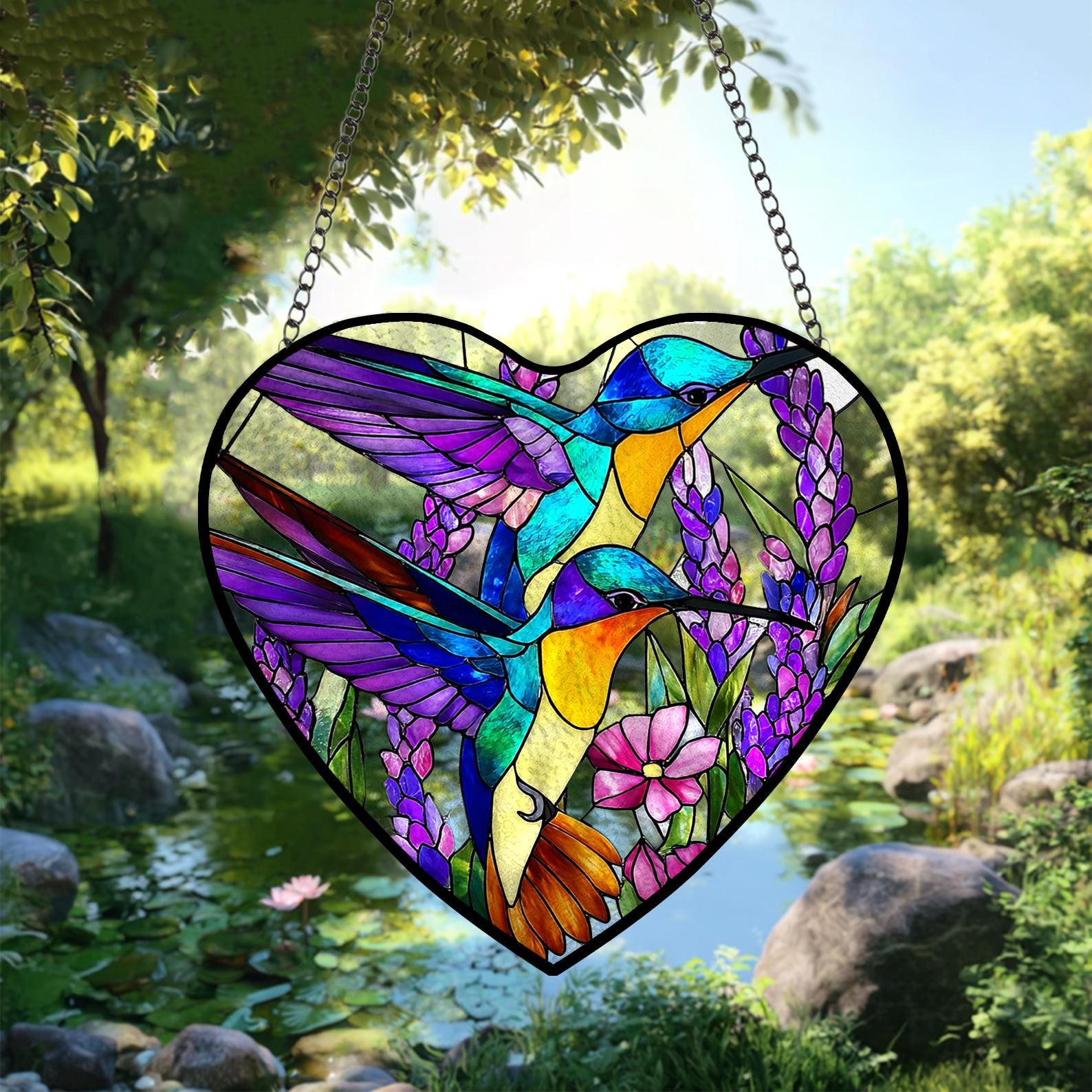 Attrape Lumiere en Forme de Coeur Decore de Colibri et Textures de Lavande, Peut Etre Accroche a une Fenetre ou Utilise comme Decoration de Jardin Exterieur
