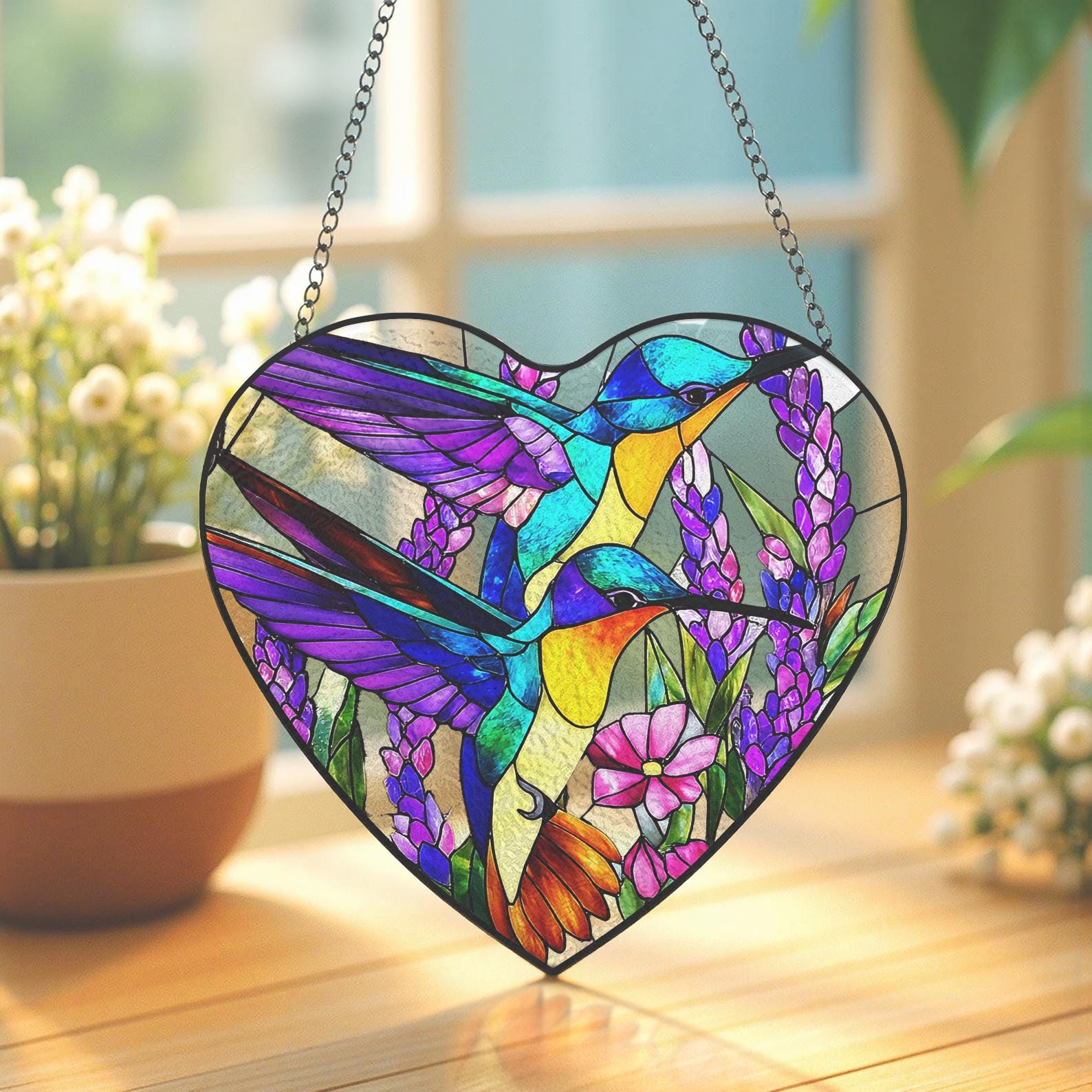 Attrape Lumiere en Forme de Coeur Decore de Colibri et Textures de Lavande, Peut Etre Accroche a une Fenetre ou Utilise comme Decoration de Jardin Exterieur