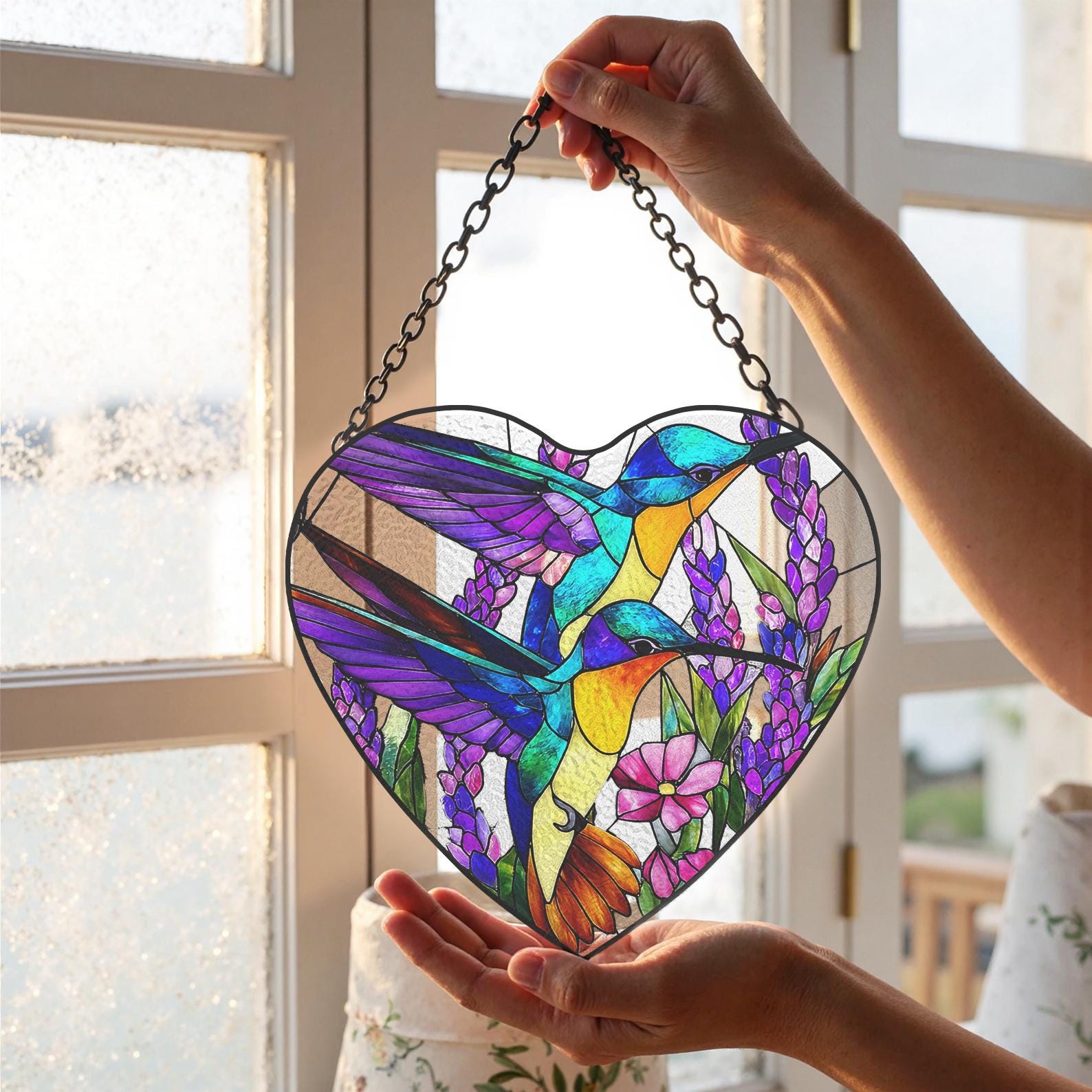 Attrape Lumiere en Forme de Coeur Decore de Colibri et Textures de Lavande, Peut Etre Accroche a une Fenetre ou Utilise comme Decoration de Jardin Exterieur