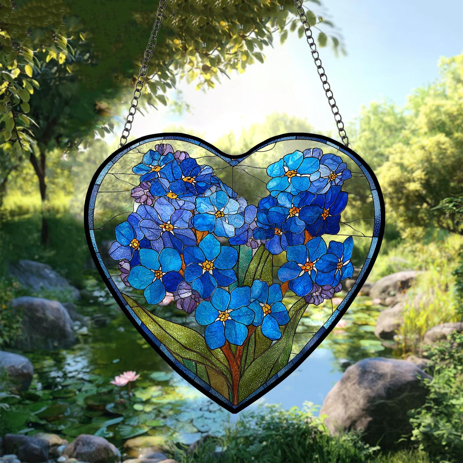 Attrape-soleil en verre teinté en forme de cœur au motif de myosotis, décoration suspendue pour fenêtre