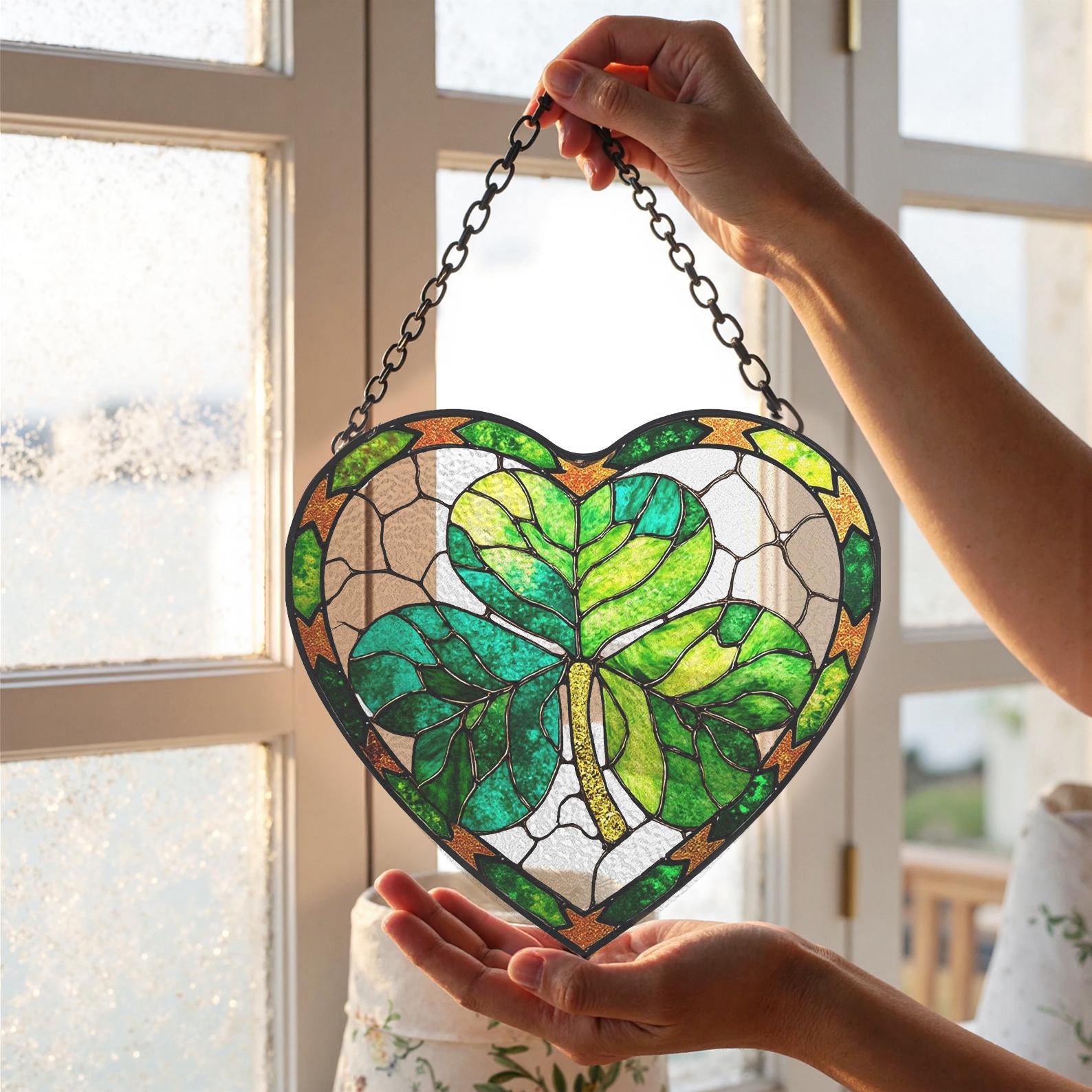 Attrape-soleil en forme de cœur avec trèfle, une décoration lumineuse pour les jardins et les fenêtres