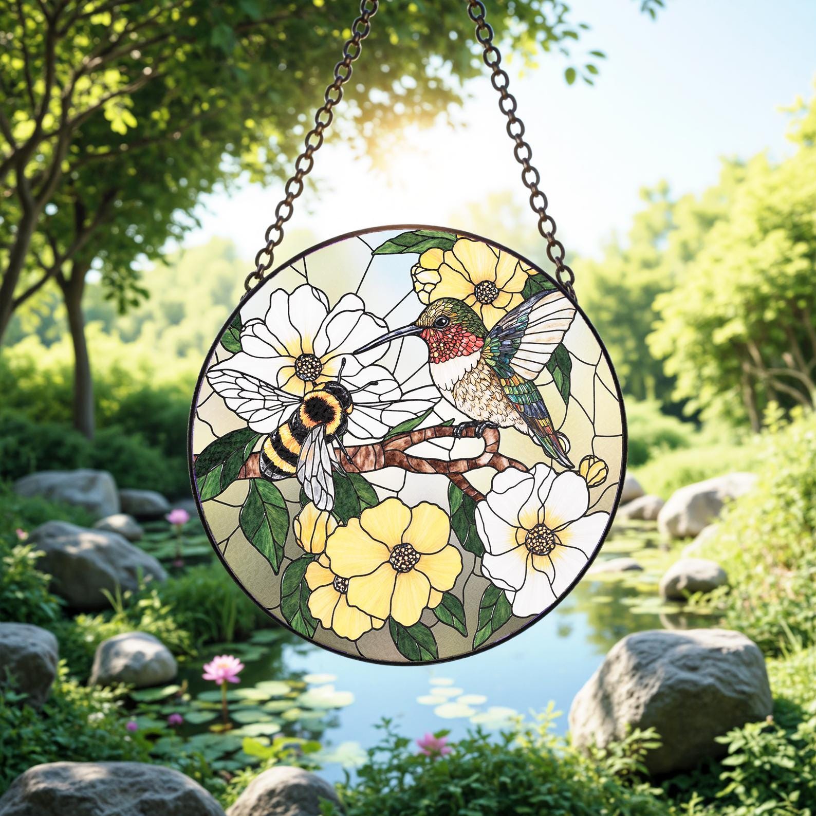 Colibri et abeille, vitrail attrape-soleil décoration d'intérieur, cadeau de sympathie pour la mémoire