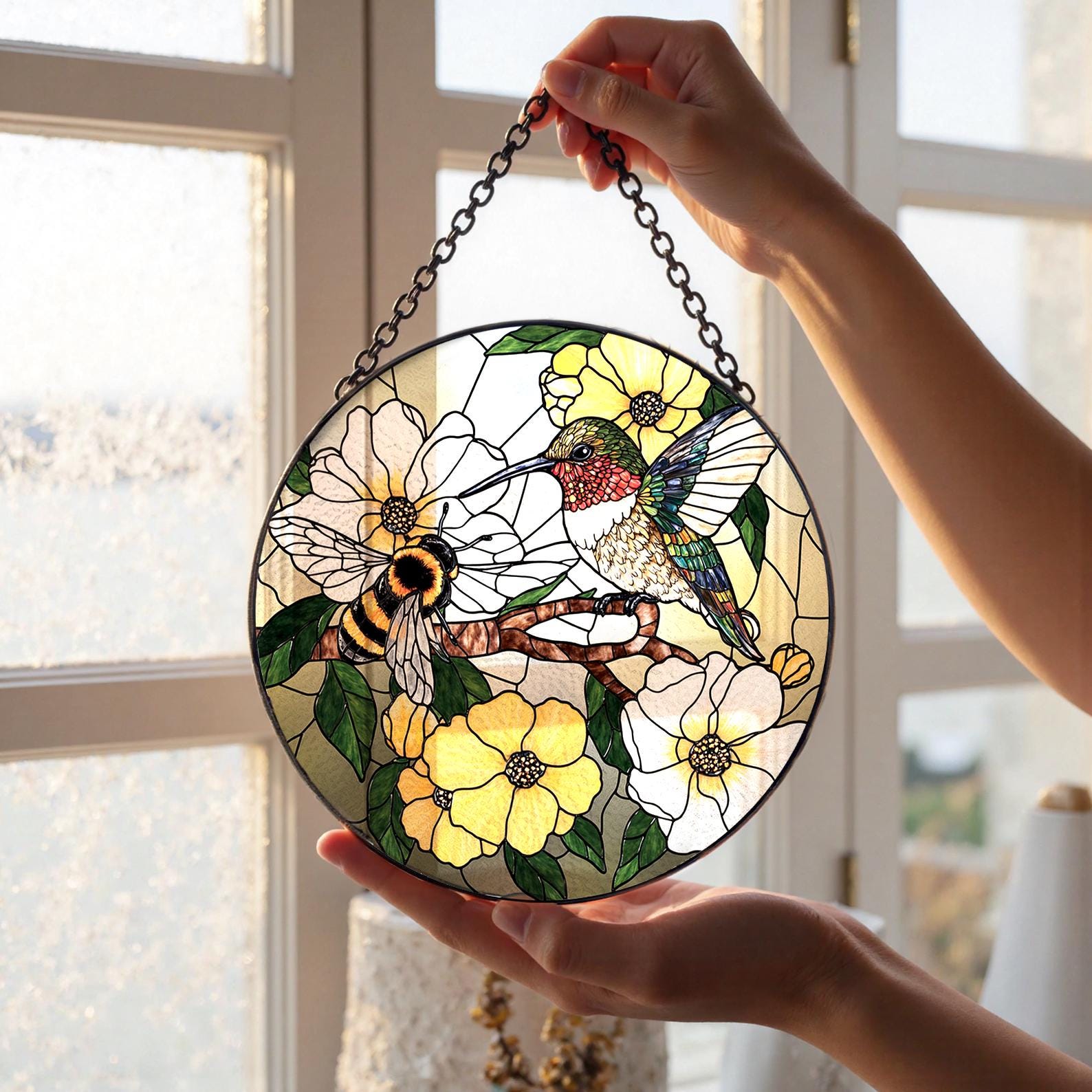 Colibri et abeille, vitrail attrape-soleil décoration d'intérieur, cadeau de sympathie pour la mémoire