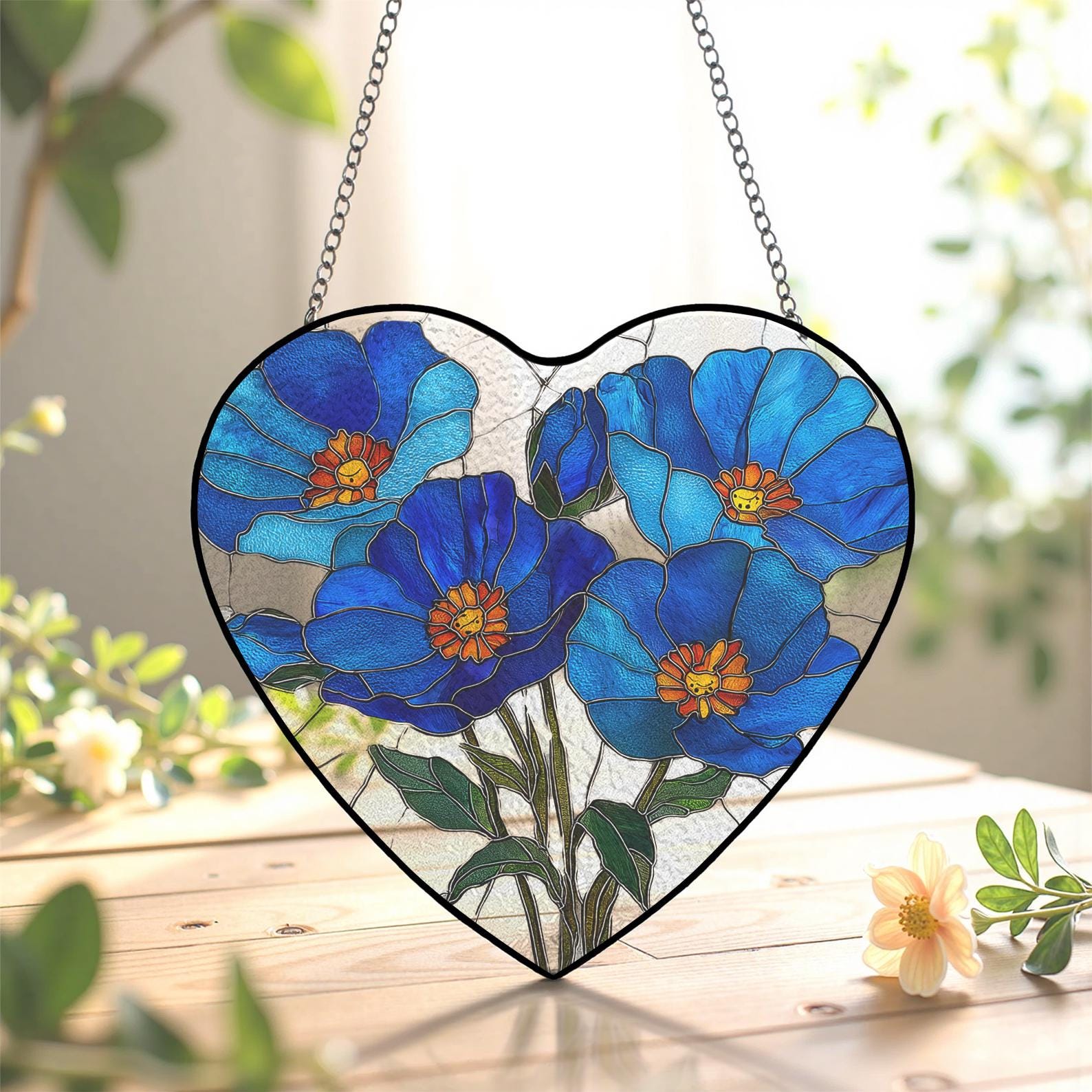 Attrape‑soleil cœur et fleur bleue, convient pour la décoration de fenêtre