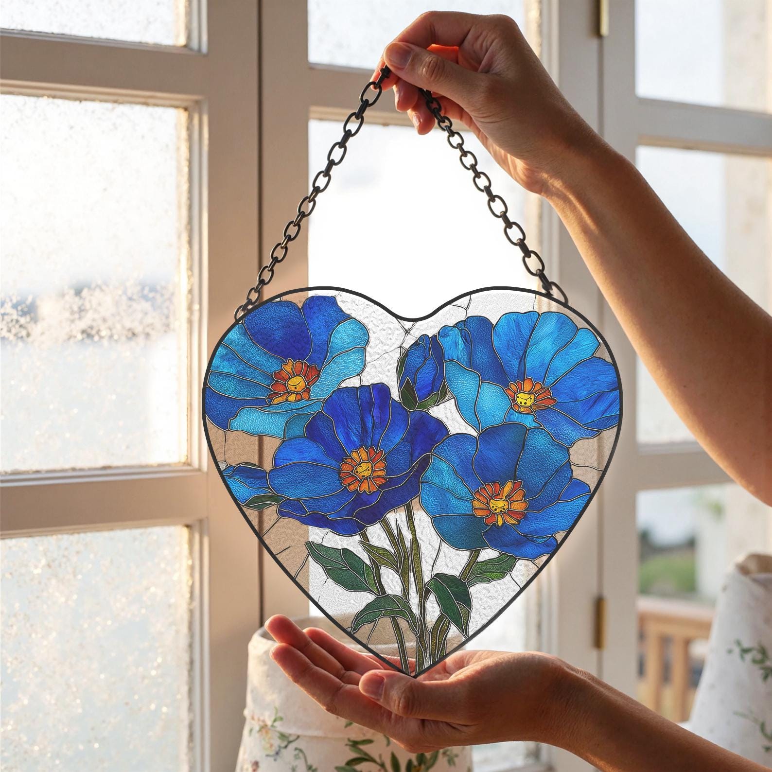 Attrape‑soleil cœur et fleur bleue, convient pour la décoration de fenêtre