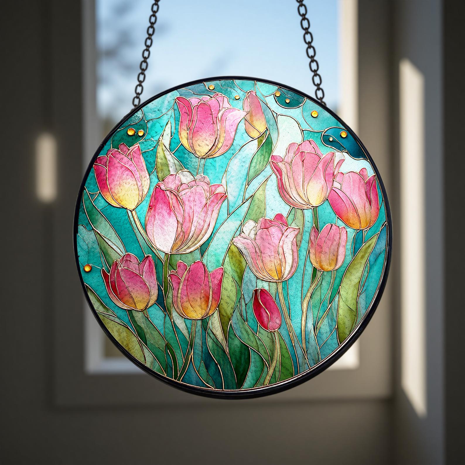 Attrape-soleil en vitrail avec des tulipes roses, cadeau floral printanier de jardin pour les amateurs de fleurs