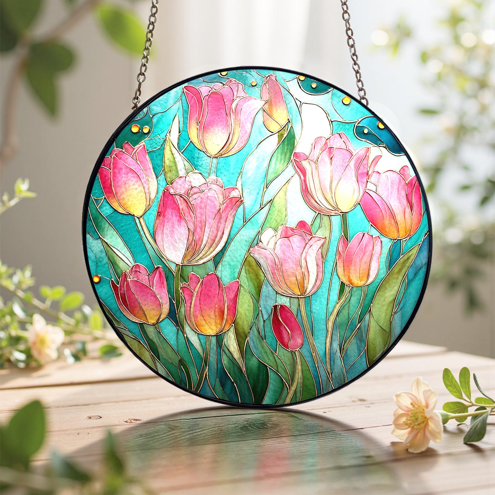 Attrape-soleil en vitrail avec des tulipes roses, cadeau floral printanier de jardin pour les amateurs de fleurs