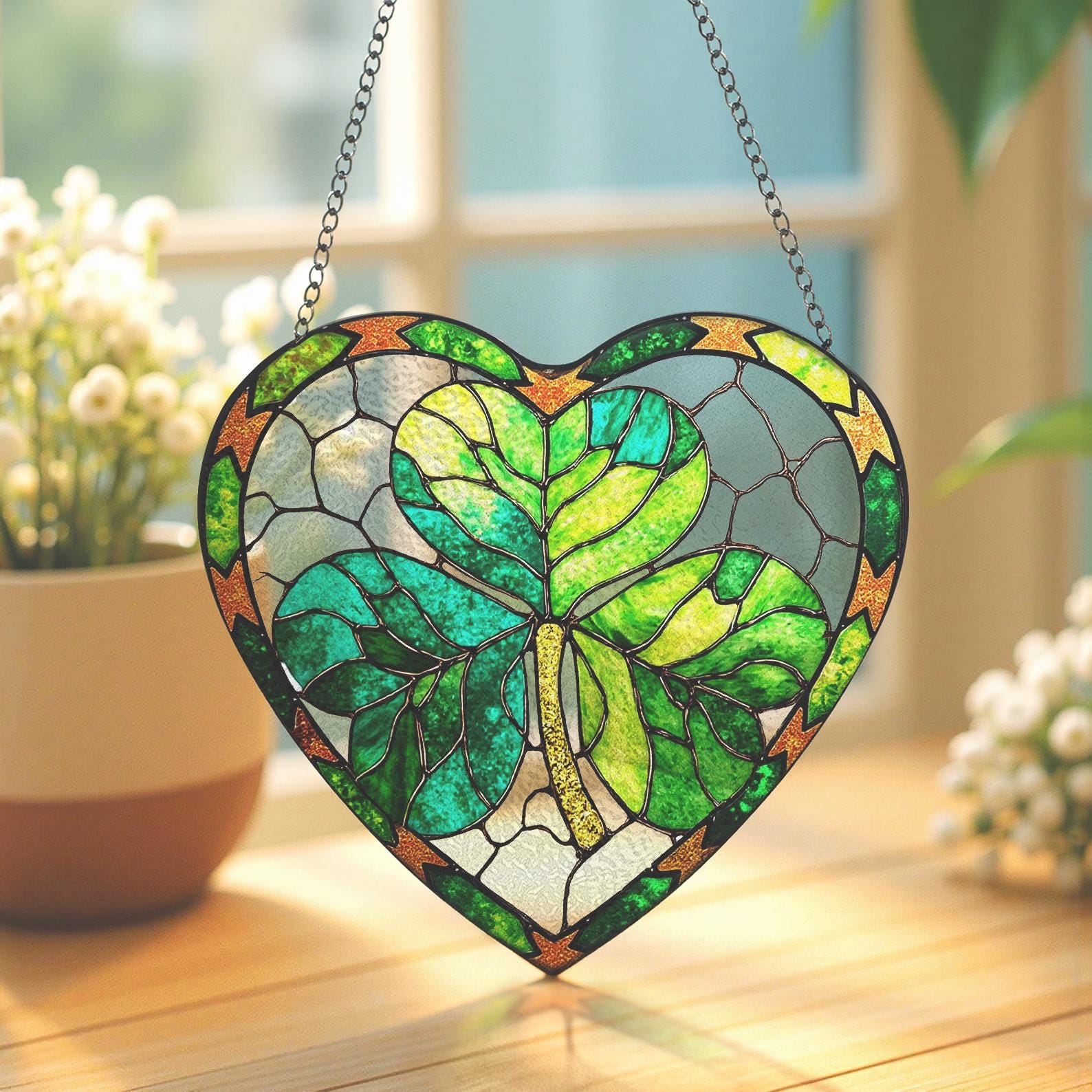 Attrape-soleil en forme de cœur avec trèfle, une décoration lumineuse pour les jardins et les fenêtres