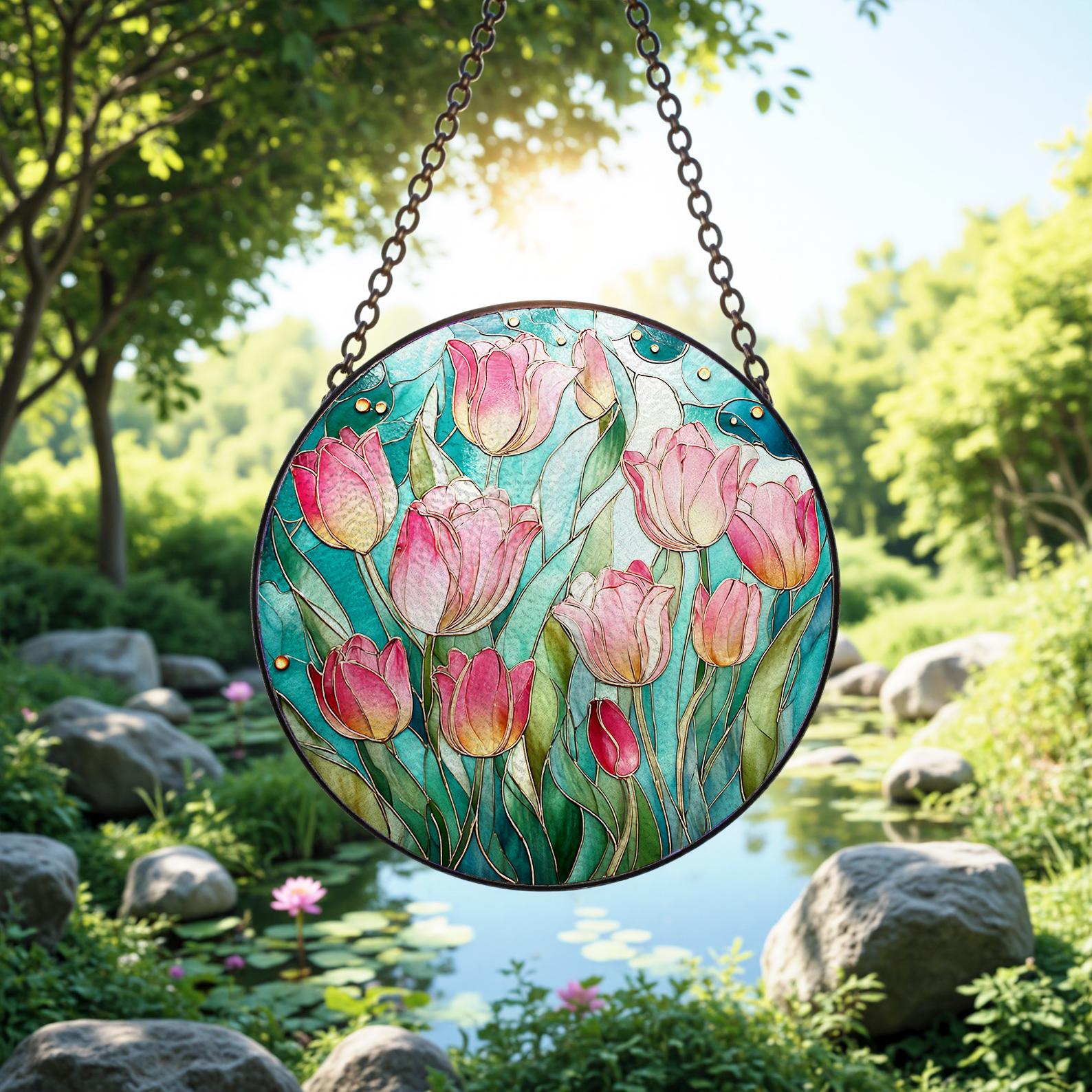 Attrape-soleil en vitrail avec des tulipes roses, cadeau floral printanier de jardin pour les amateurs de fleurs