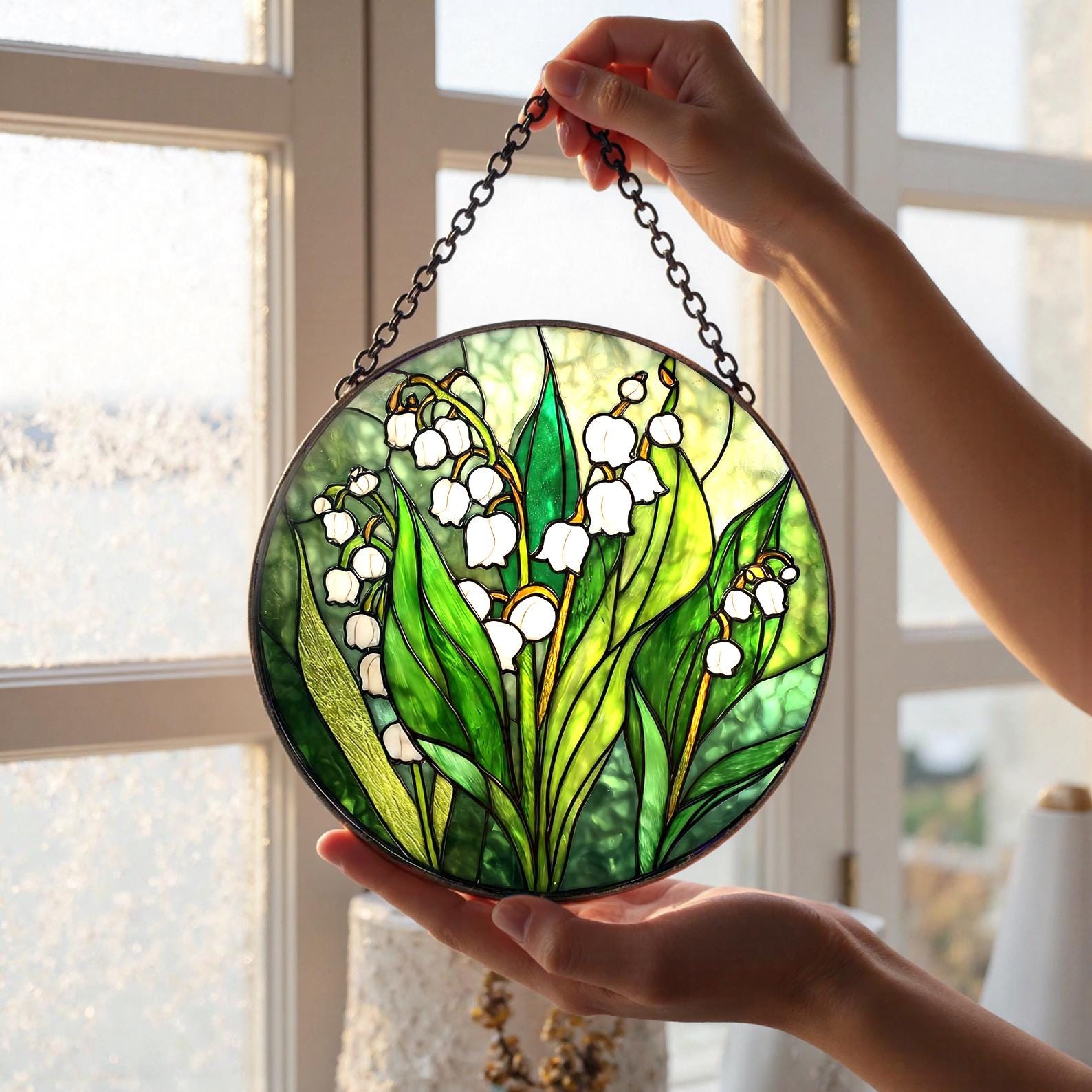Attrape-soleil muguet | Symbole de pureté et de chance | Art du vitrail pour la maison, décoration suspendue à la fenêtre, attrape-soleil pour amoureux des fleurs