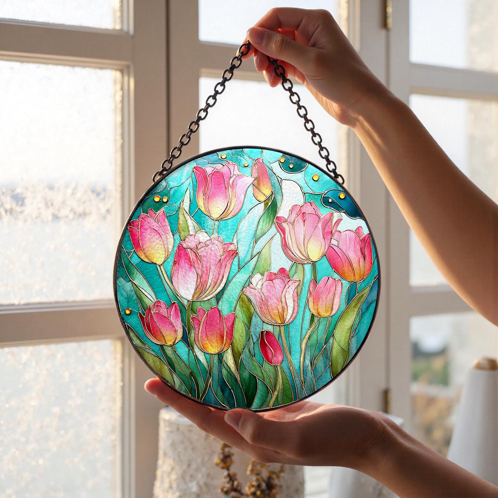 Attrape-soleil en vitrail avec des tulipes roses, cadeau floral printanier de jardin pour les amateurs de fleurs
