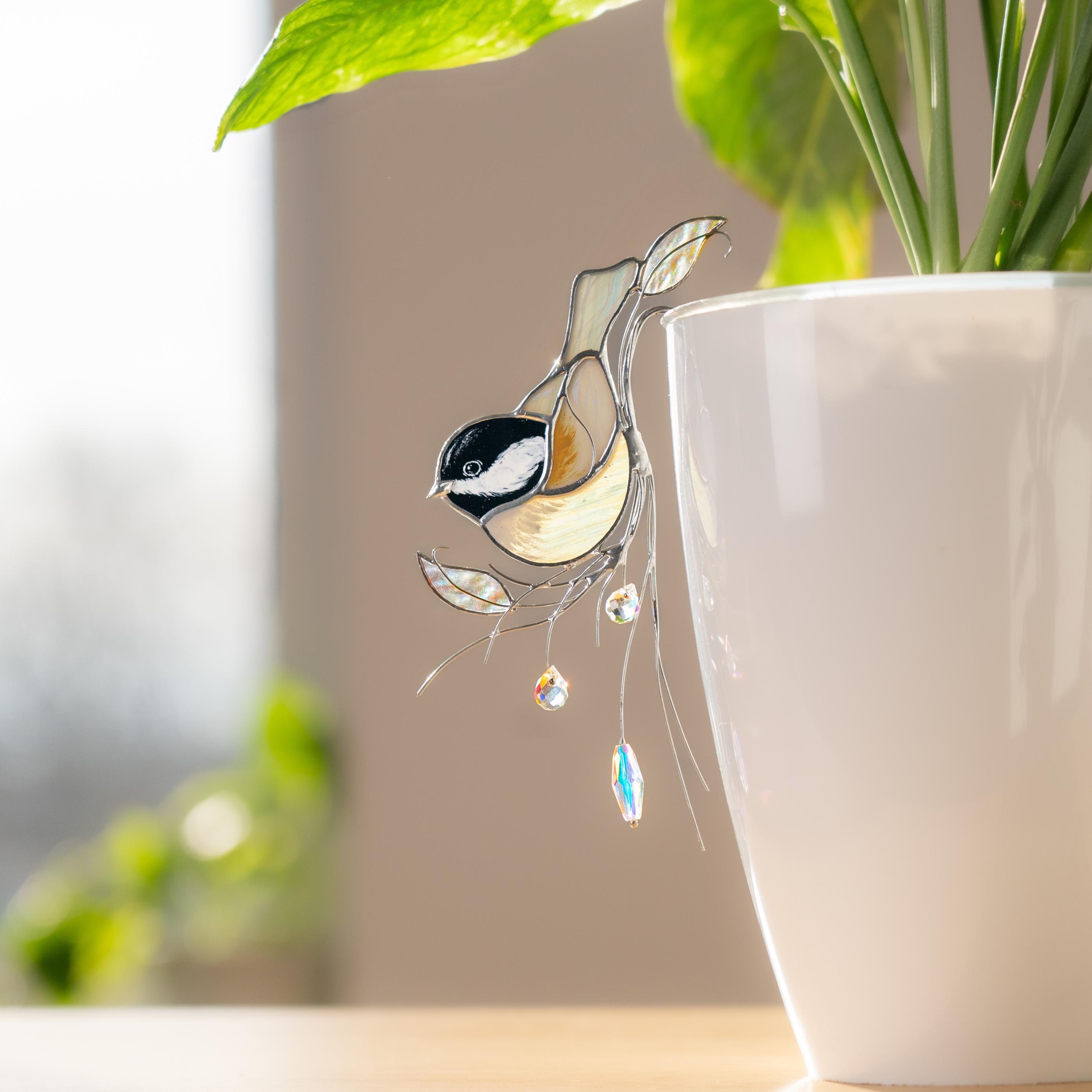 Décoration de support pour pot de plante en verre teinté avec motif de mésange