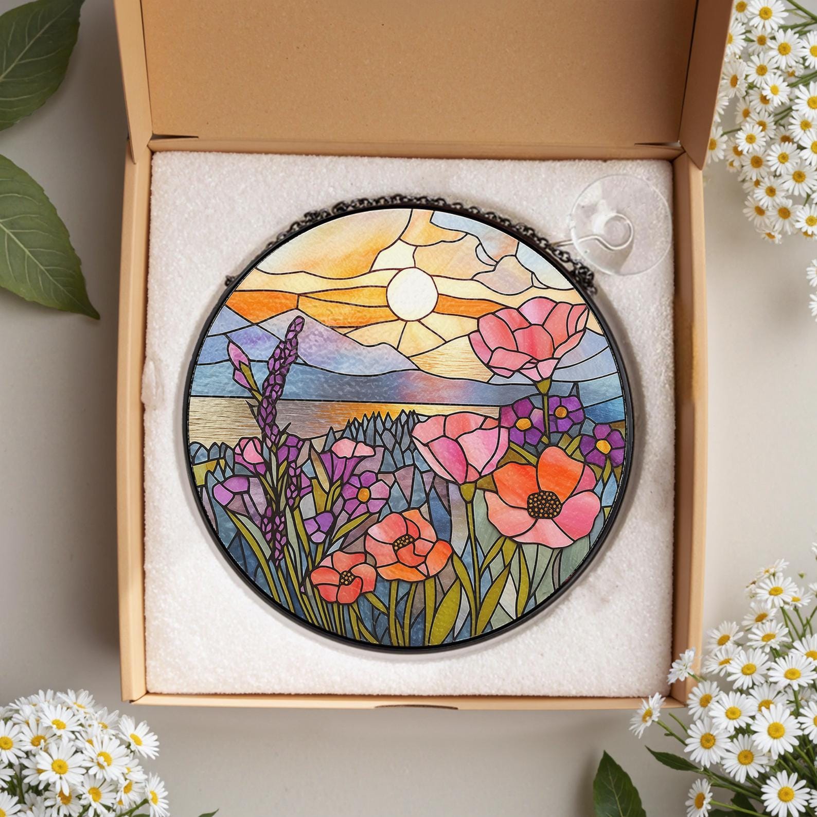 Attrape-soleil en vitrail coucher de soleil, fleurs colorées, cadeaux pour les amoureux de la nature, décoration de jardin