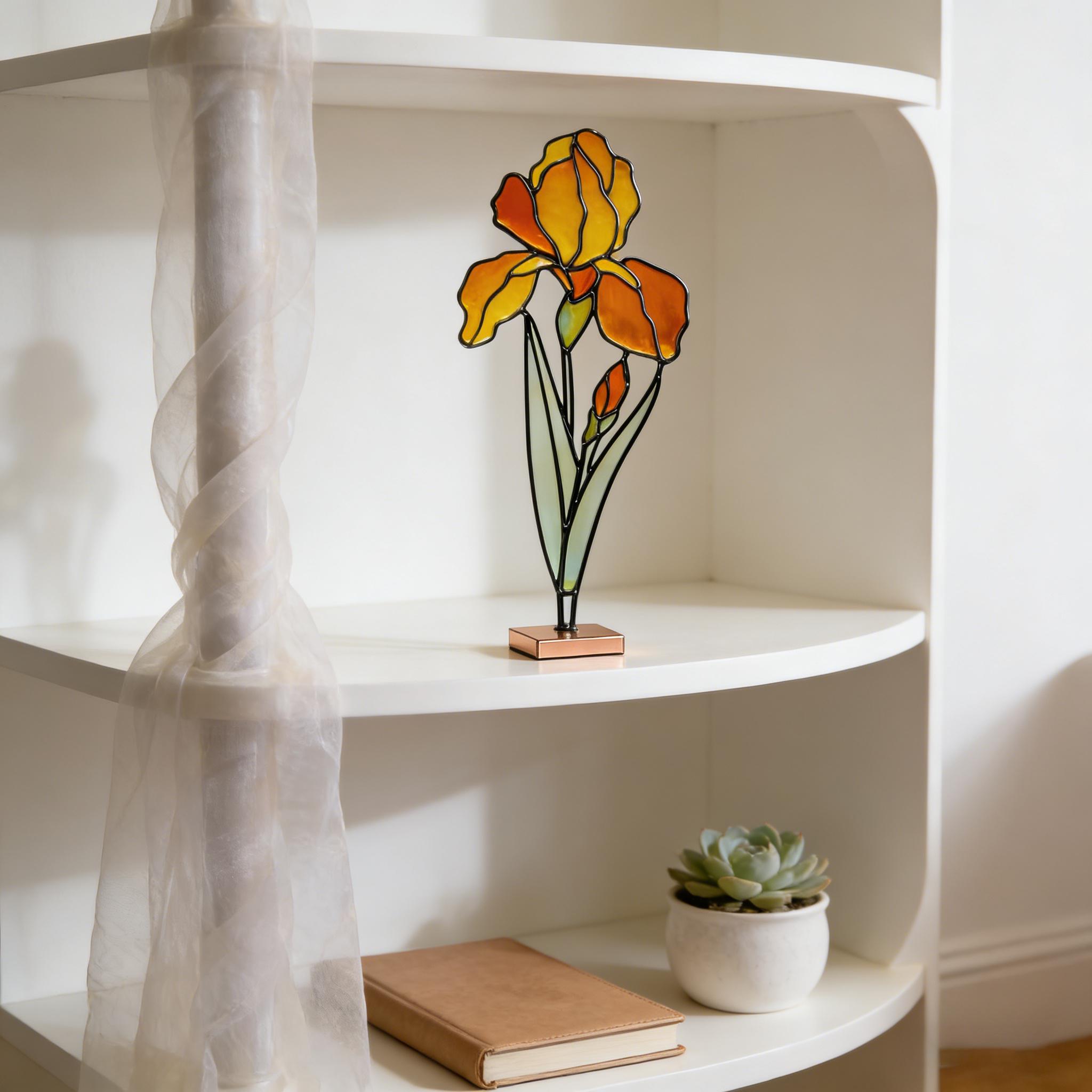 Attrape‑soleil en vitrail iris jaune, décoration florale suspendue en verre pour fenêtre