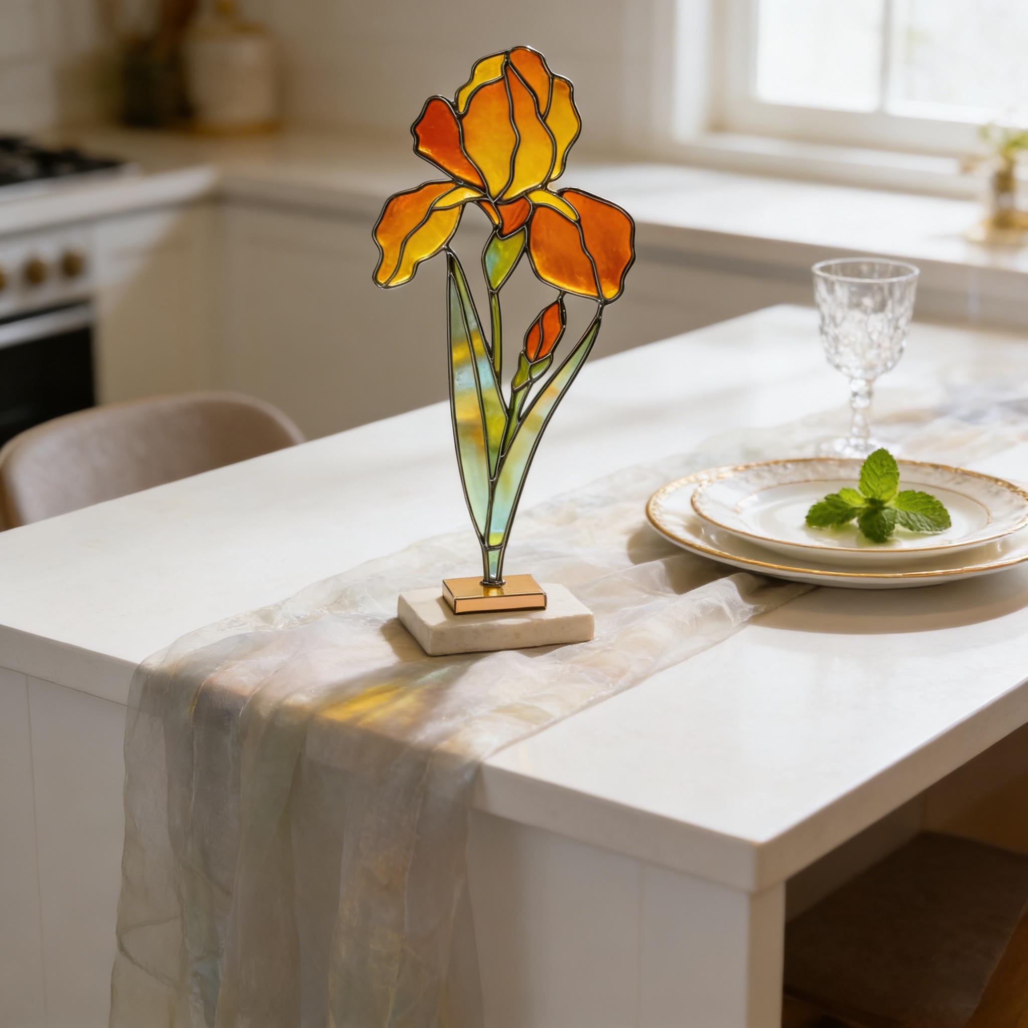 Attrape‑soleil en vitrail iris jaune, décoration florale suspendue en verre pour fenêtre