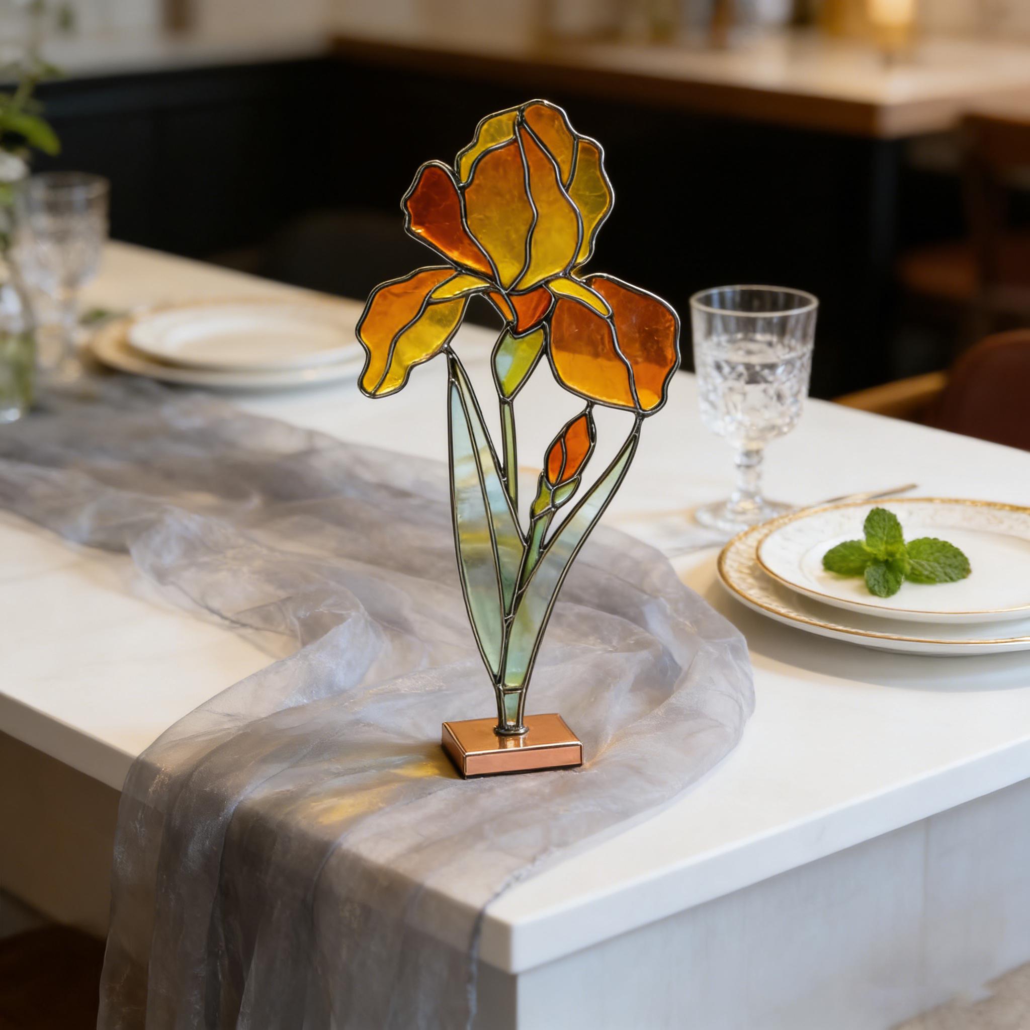 Attrape‑soleil en vitrail iris jaune, décoration florale suspendue en verre pour fenêtre