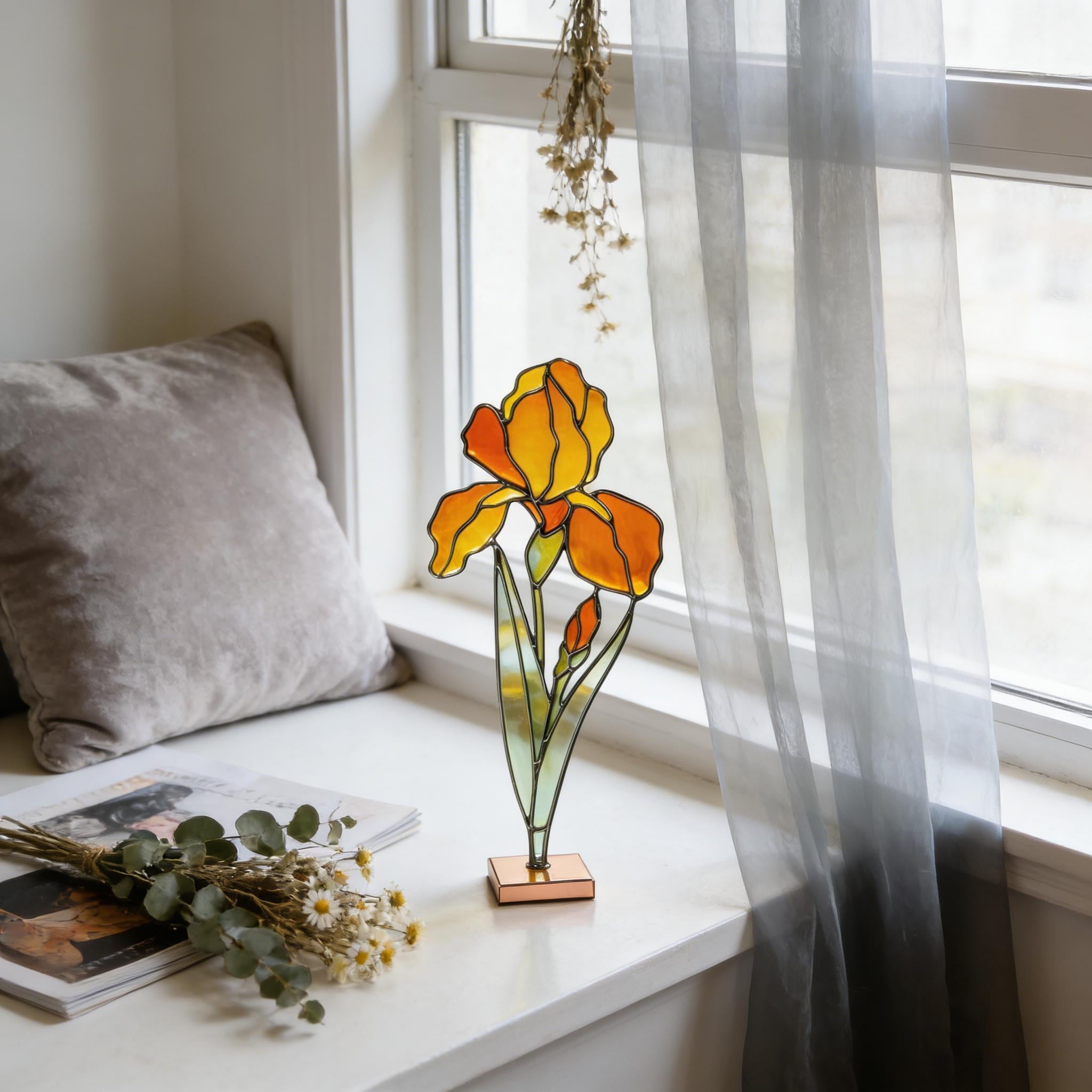 Attrape‑soleil en vitrail iris jaune, décoration florale suspendue en verre pour fenêtre