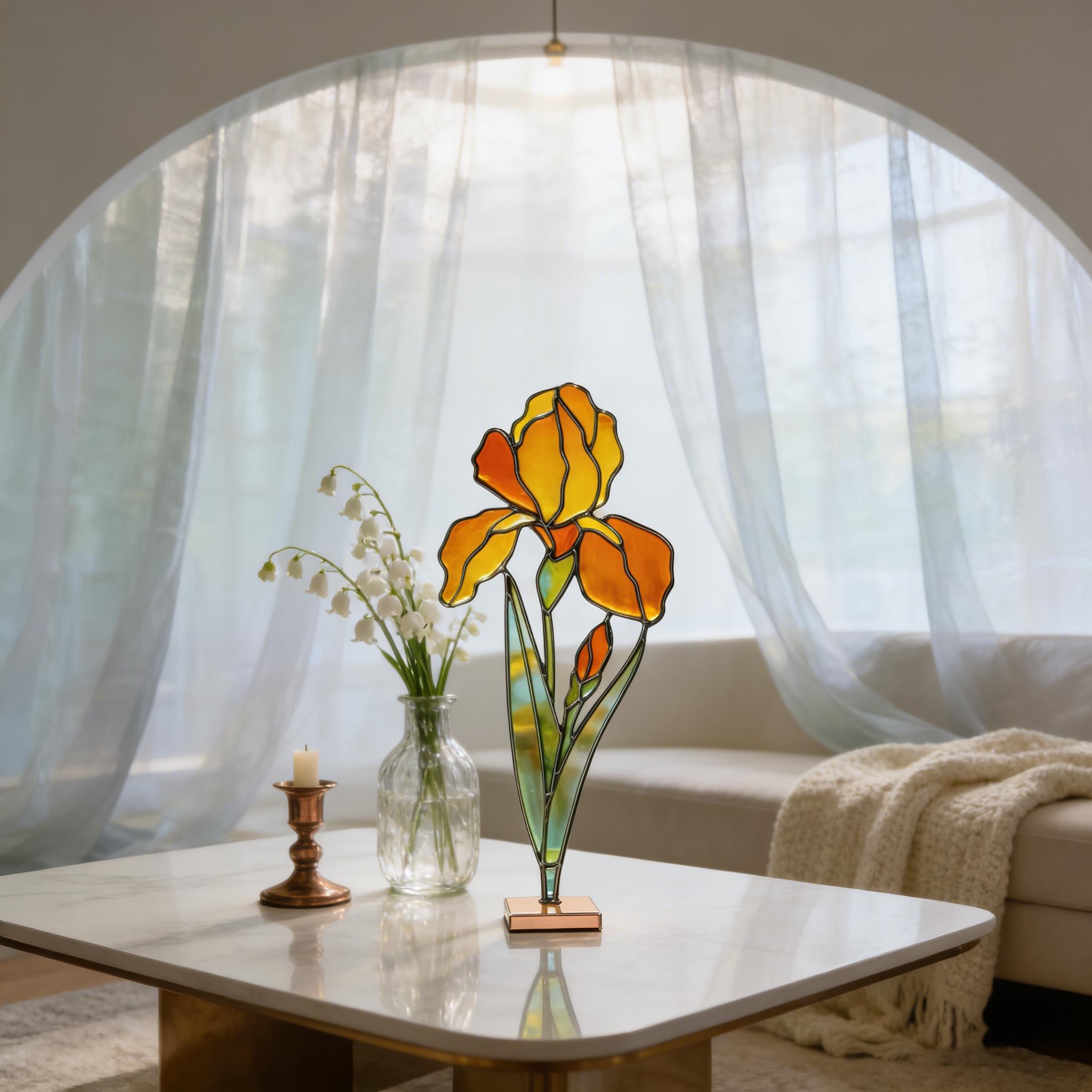 Attrape‑soleil en vitrail iris jaune, décoration florale suspendue en verre pour fenêtre