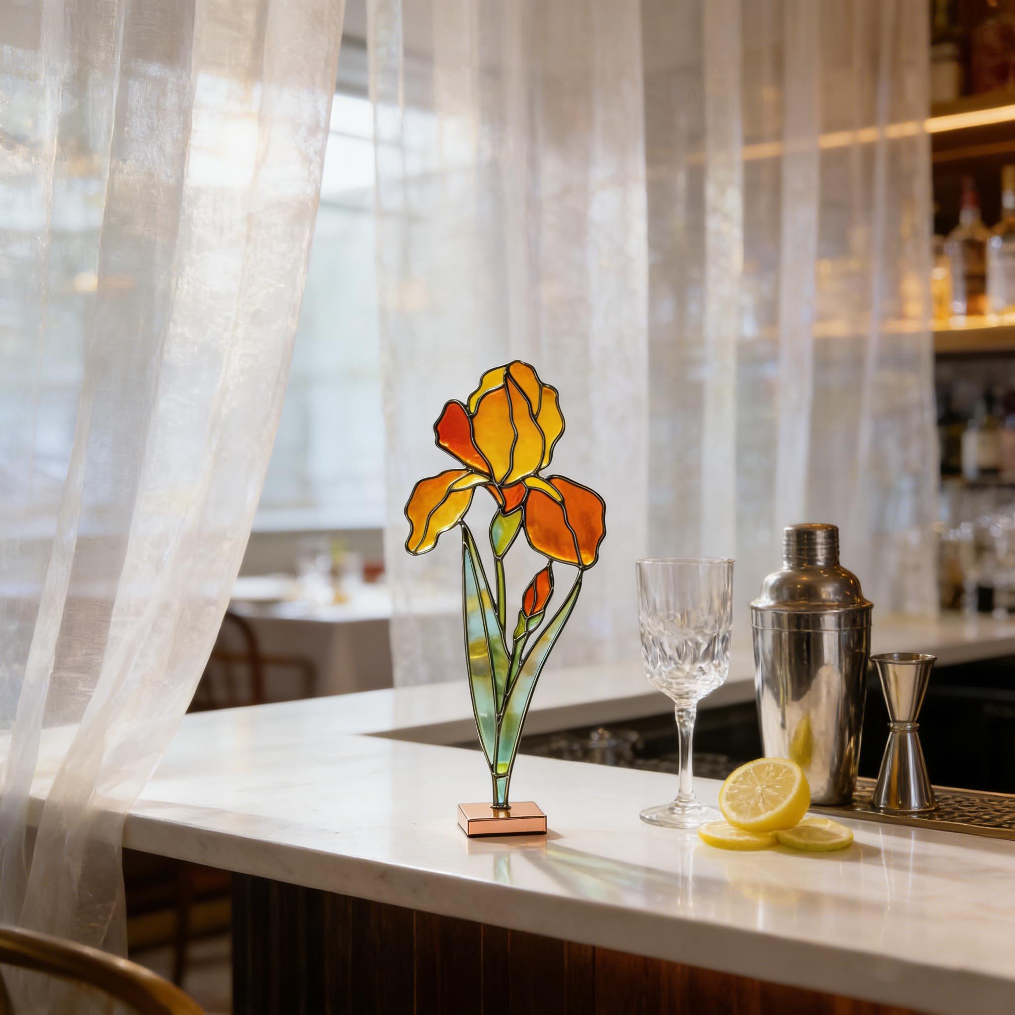 Attrape‑soleil en vitrail iris jaune, décoration florale suspendue en verre pour fenêtre