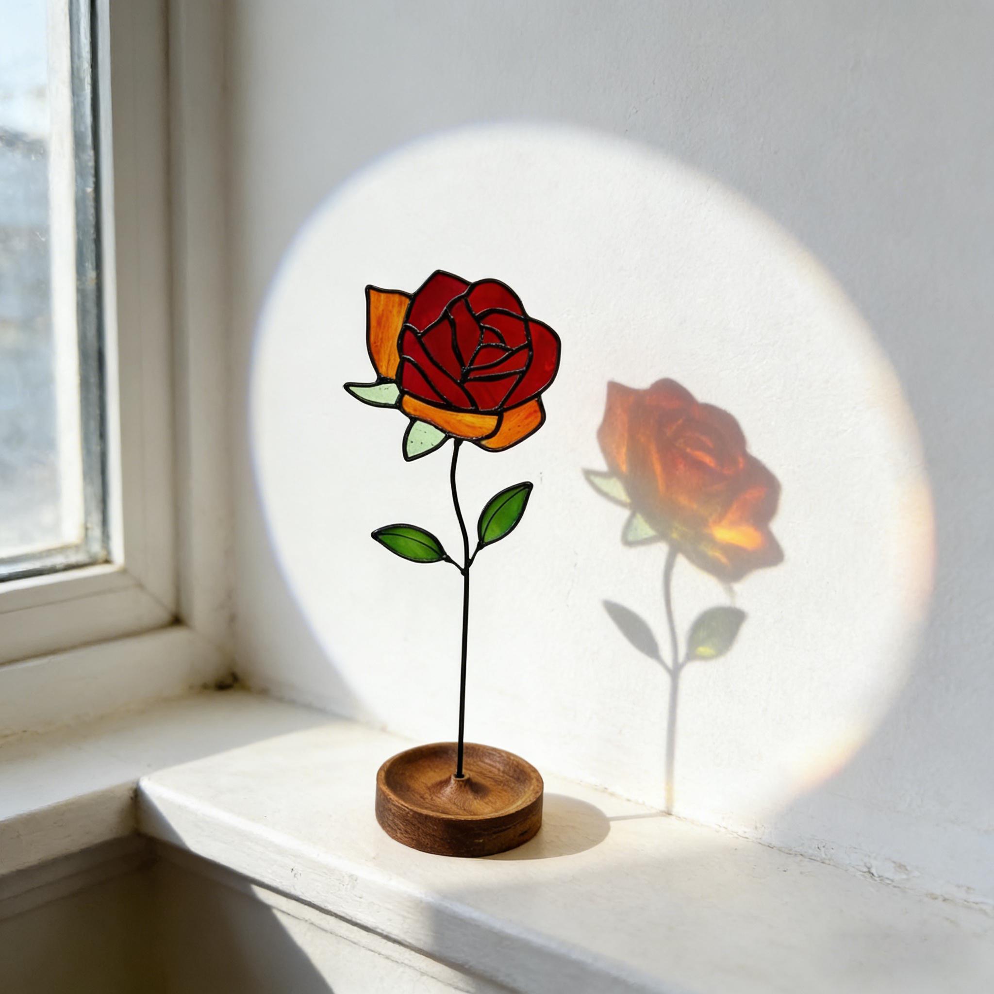 Ornement en verre teinté en forme de rose, idéal pour la décoration de rebord de fenêtre