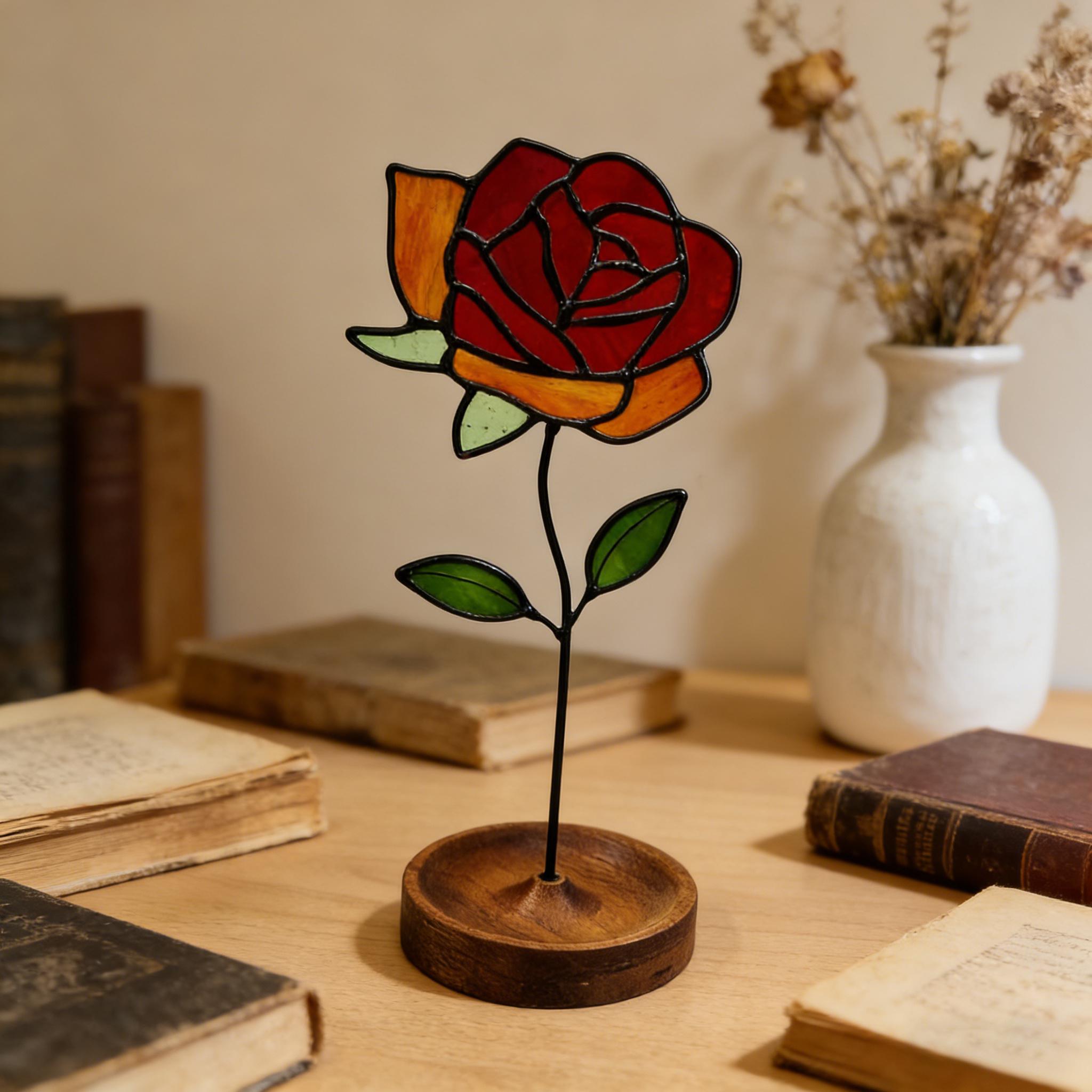 Ornement en verre teinté en forme de rose, idéal pour la décoration de rebord de fenêtre