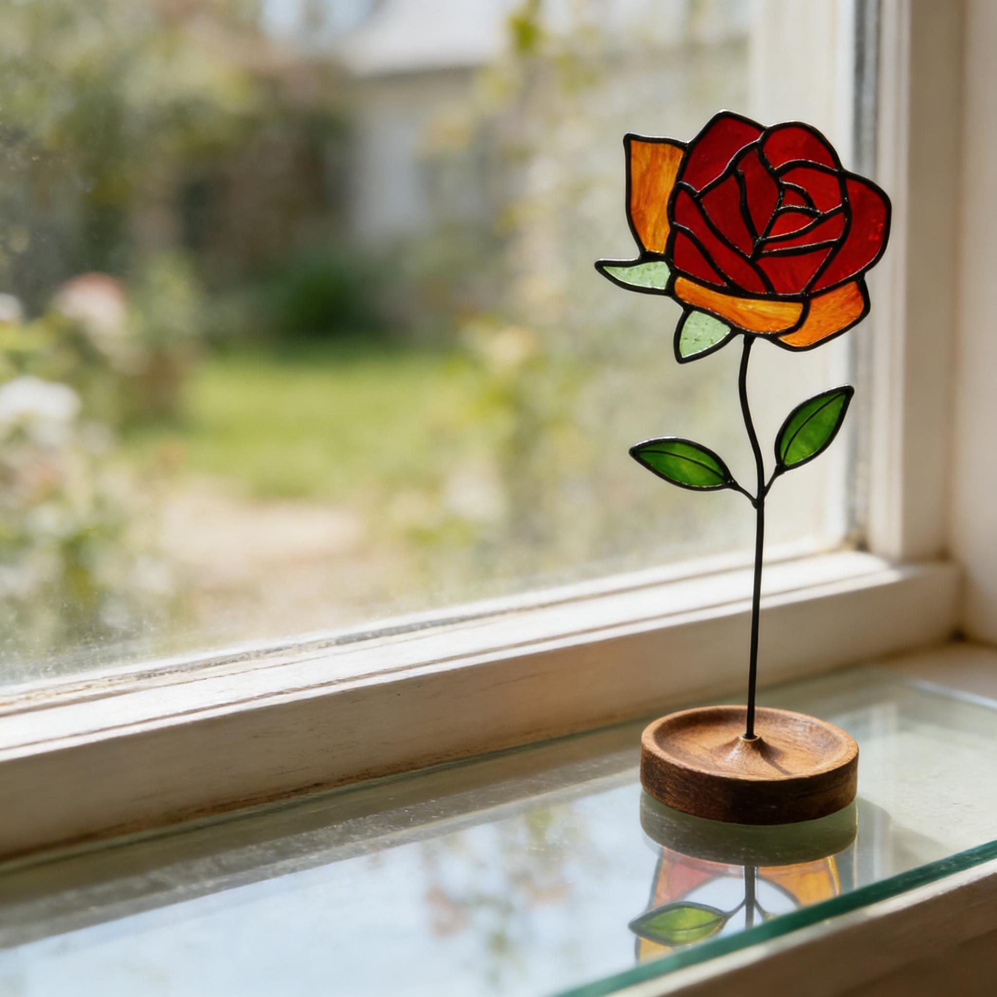 Ornement en verre teinté en forme de rose, idéal pour la décoration de rebord de fenêtre