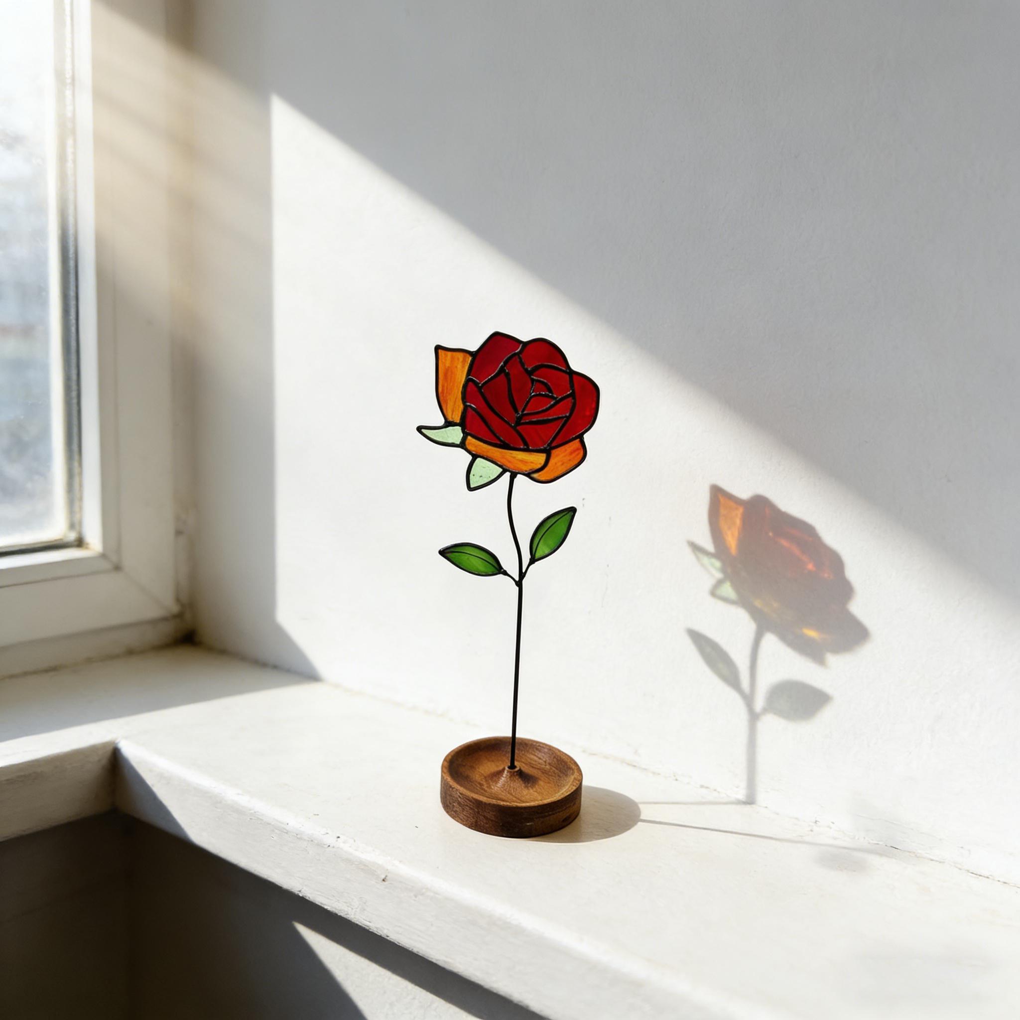 Ornement en verre teinté en forme de rose, idéal pour la décoration de rebord de fenêtre