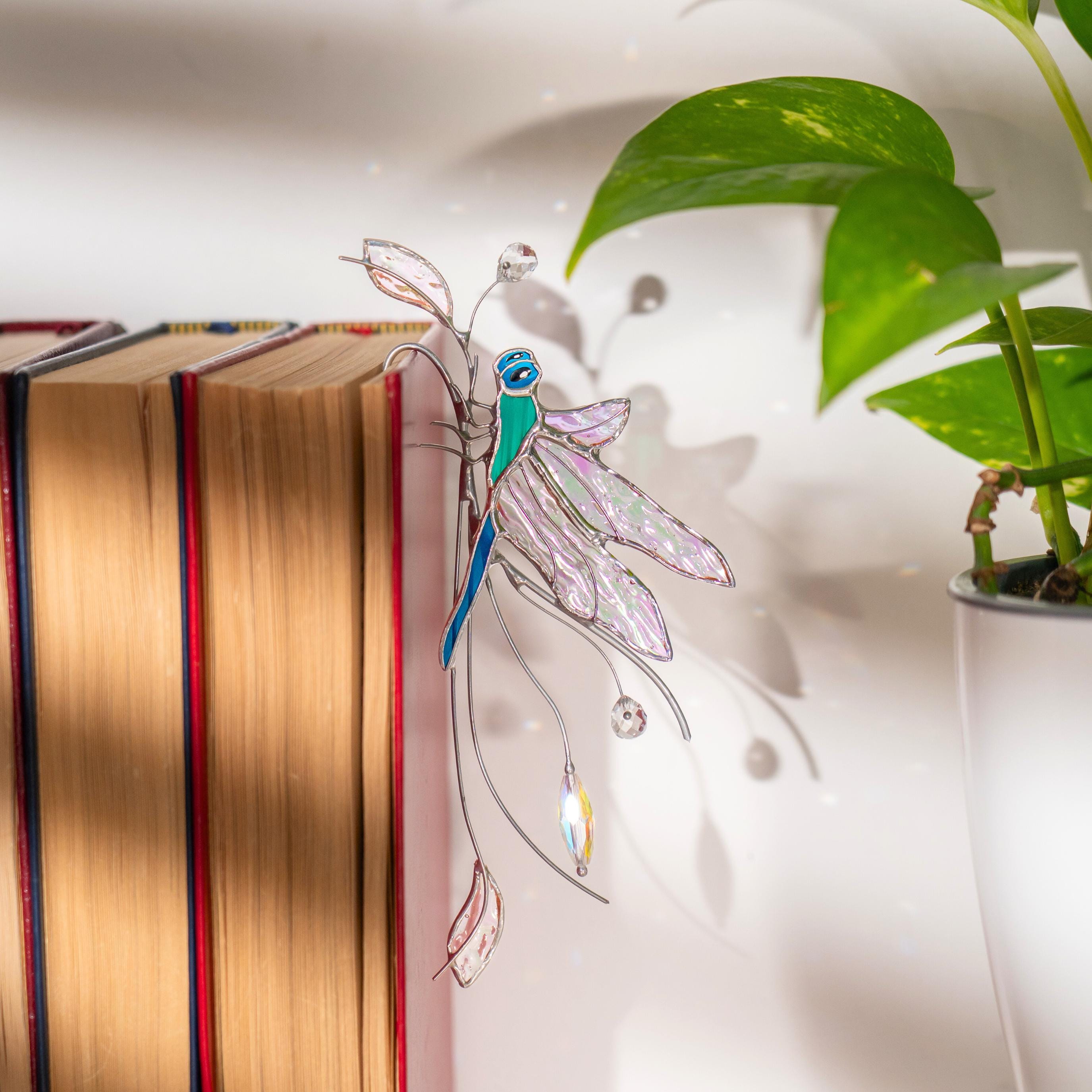 Décoration en forme de libellule en vitrail pour support de pot de fleurs, adaptée pour les bords de pot et les accents de table