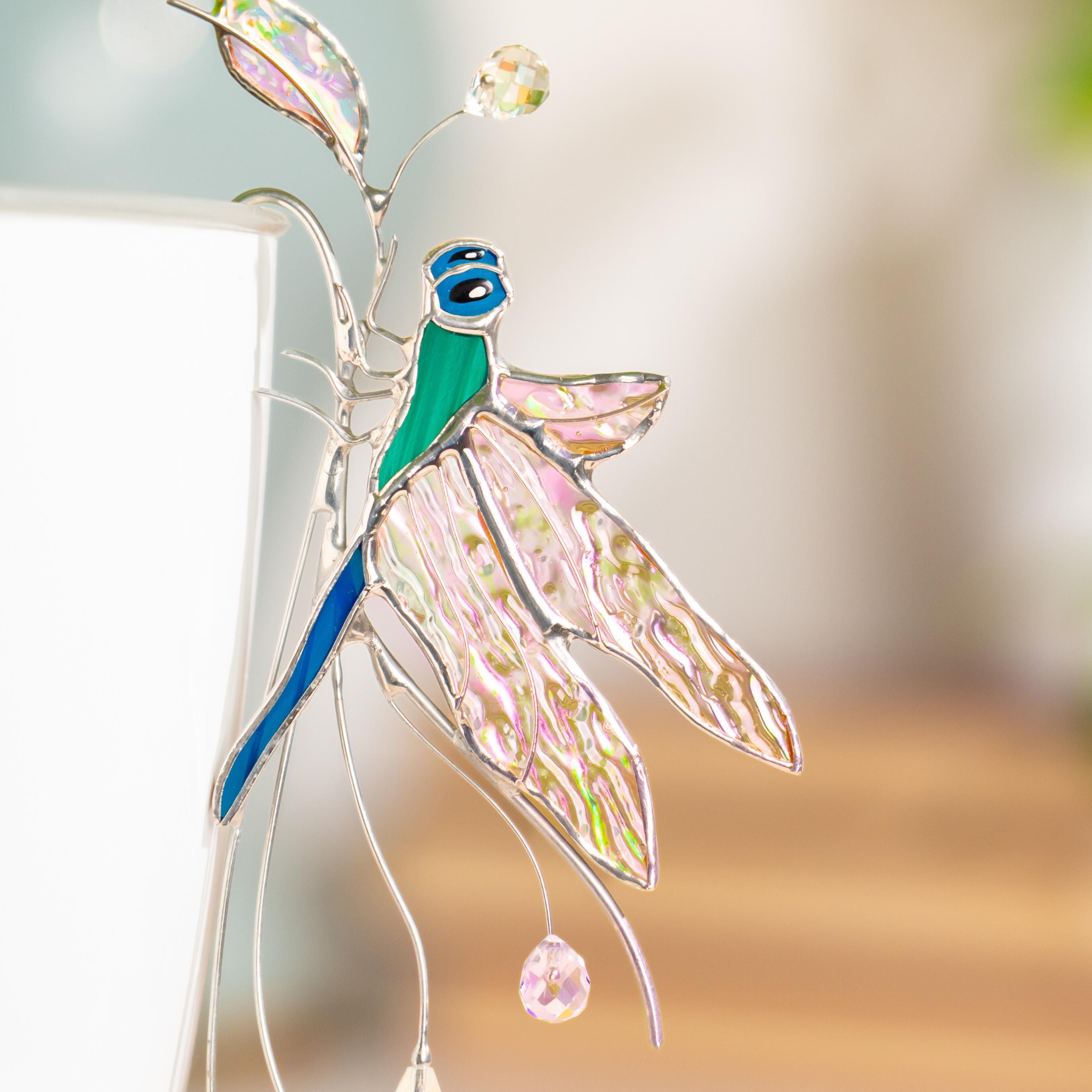 Décoration en forme de libellule en vitrail pour support de pot de fleurs, adaptée pour les bords de pot et les accents de table