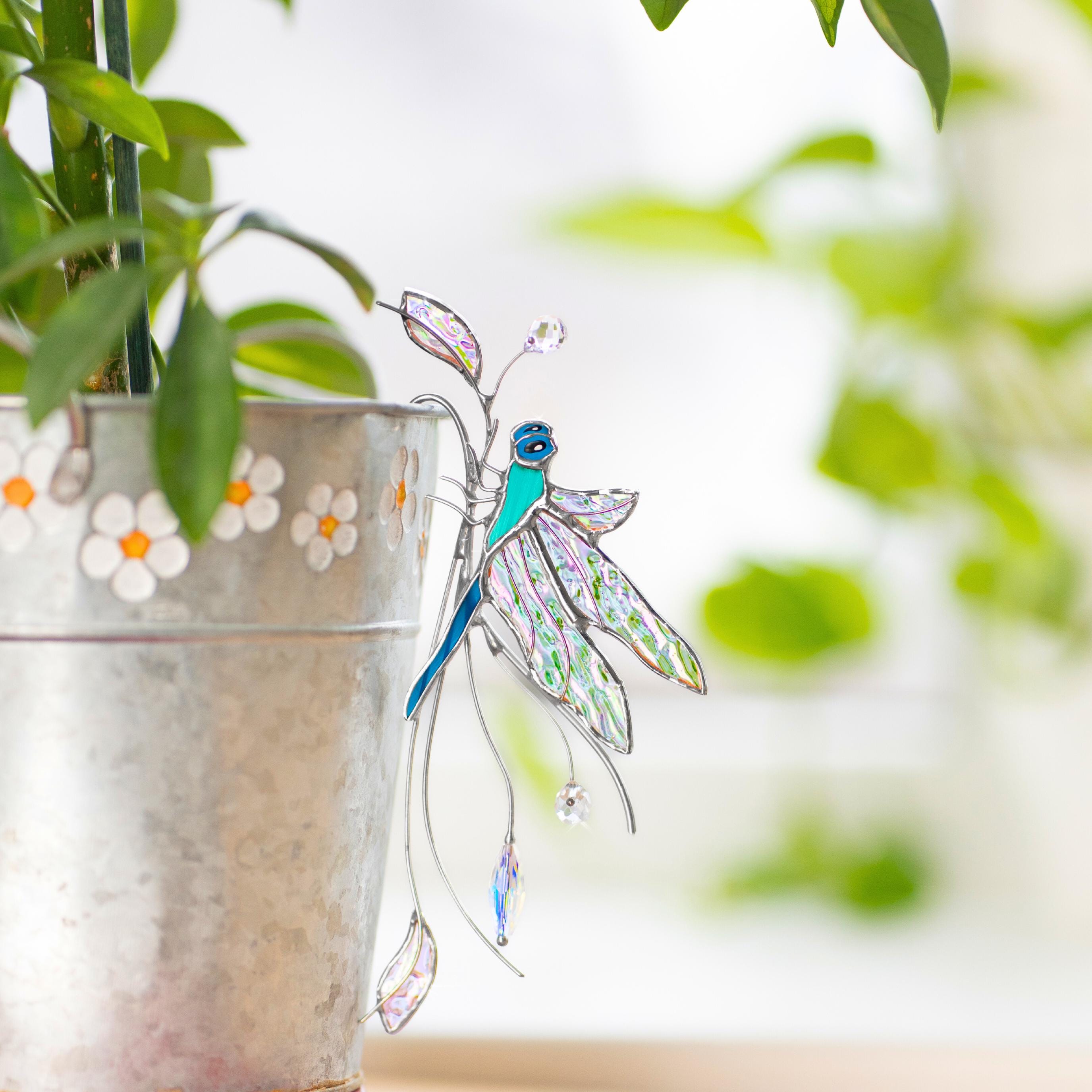 Décoration en forme de libellule en vitrail pour support de pot de fleurs, adaptée pour les bords de pot et les accents de table